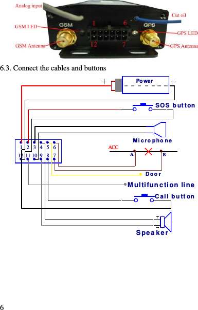  6  6.3. Connect the cables and buttons PowerSpea kerDoo r  SOS  b ut tonC al l b u tt onM i c ro p ho ne1 2 3 4 5 6789101112 ABACCM ultifun ction  line 