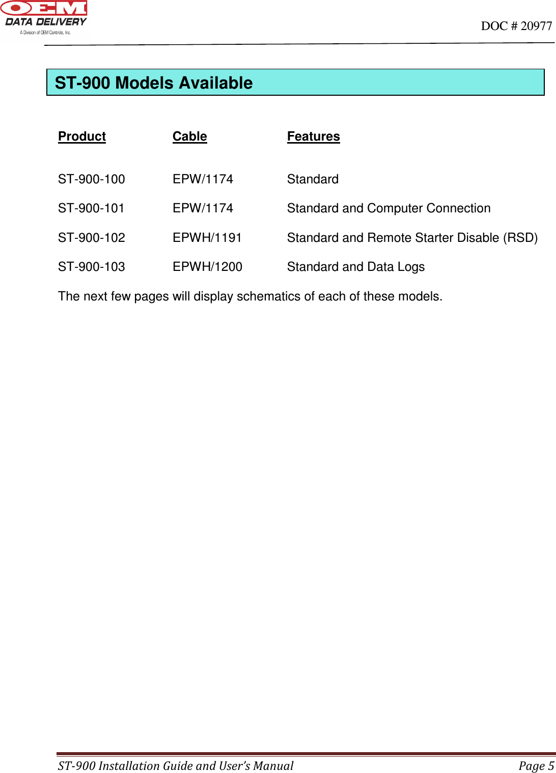                                                                                                                                      DOC # 20977 ST-900 Installation Guide and User’s Manual  Page 5       Product    Cable     Features   ST-900-100    EPW/1174    Standard  ST-900-101    EPW/1174    Standard and Computer Connection  ST-900-102     EPWH/1191    Standard and Remote Starter Disable (RSD)  ST-900-103    EPWH/1200    Standard and Data Logs  The next few pages will display schematics of each of these models.                                 ST-900 Models Available 