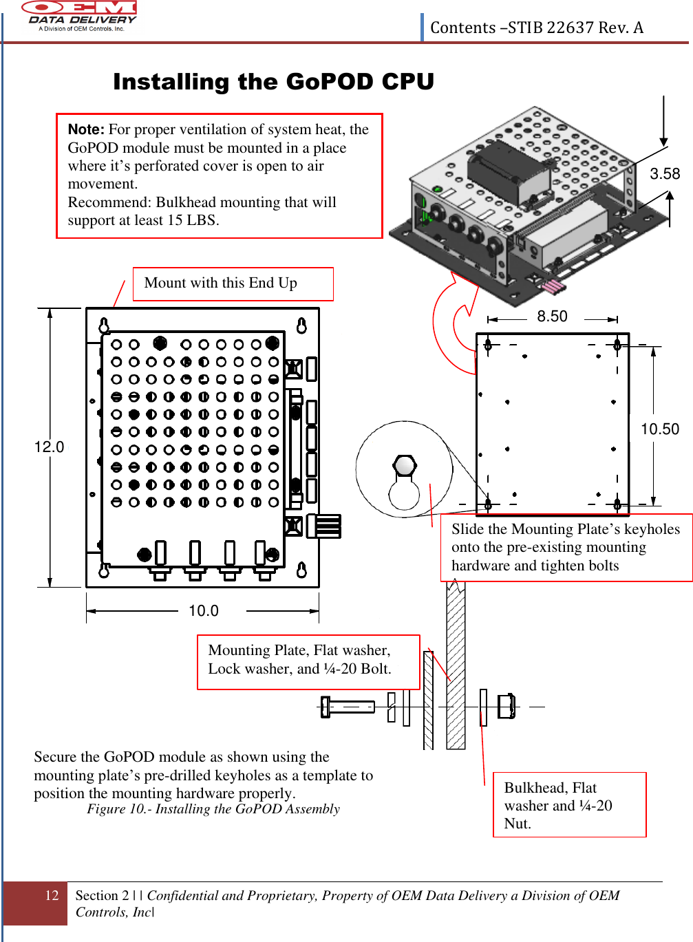  Contents –STIB 22637 Rev. A  12 Section 2 | | Confidential and Proprietary, Property of OEM Data Delivery a Division of OEM Controls, Inc|  Installing the GoPOD CPU                             Figure 10.- Installing the GoPOD Assembly Note: For proper ventilation of system heat, the GoPOD module must be mounted in a place where it’s perforated cover is open to air movement.  Recommend: Bulkhead mounting that will support at least 15 LBS.  8.50 10.50 10.0 12.0 Slide the Mounting Plate’s keyholes onto the pre-existing mounting hardware and tighten bolts Bulkhead, Flat washer and ¼-20 Nut. Mounting Plate, Flat washer, Lock washer, and ¼-20 Bolt. Mount with this End Up 3.58 Secure the GoPOD module as shown using the mounting plate’s pre-drilled keyholes as a template to position the mounting hardware properly. 