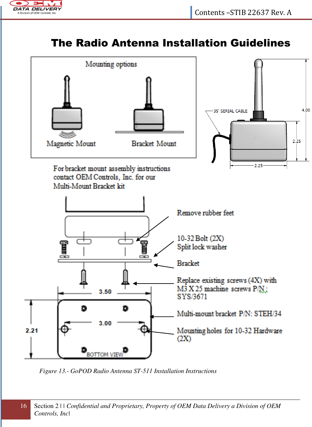  Contents –STIB 22637 Rev. A  16 Section 2 | | Confidential and Proprietary, Property of OEM Data Delivery a Division of OEM Controls, Inc|   The Radio Antenna Installation Guidelines                                    Figure 13.- GoPOD Radio Antenna ST-511 Installation Instructions 