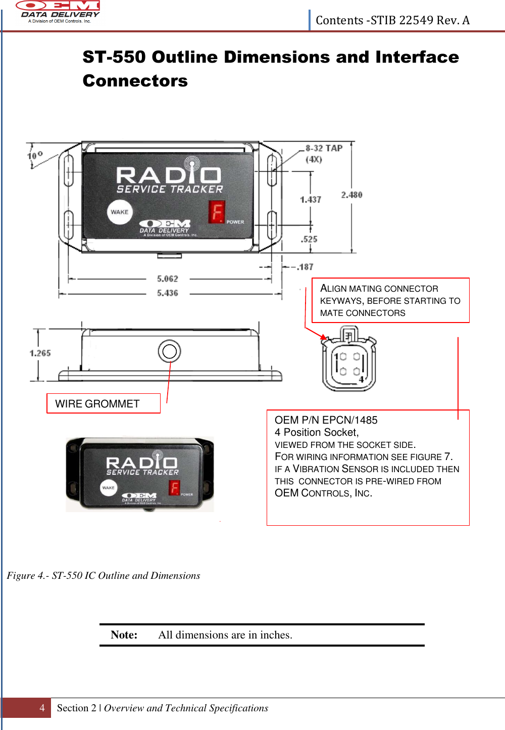  Contents -STIB 22549 Rev. A  4 Section 2 | Overview and Technical Specifications  ST-550 Outline Dimensions and Interface Connectors                             Figure 4.- ST-550 IC Outline and Dimensions     Note:   All dimensions are in inches.     OEM P/N EPCN/1485 4 Position Socket,  VIEWED FROM THE SOCKET SIDE.  FOR WIRING INFORMATION SEE FIGURE 7. IF A VIBRATION SENSOR IS INCLUDED THEN THIS  CONNECTOR IS PRE-WIRED FROM OEM CONTROLS, INC.  ALIGN MATING CONNECTOR KEYWAYS, BEFORE STARTING TO MATE CONNECTORS  WIRE GROMMET 