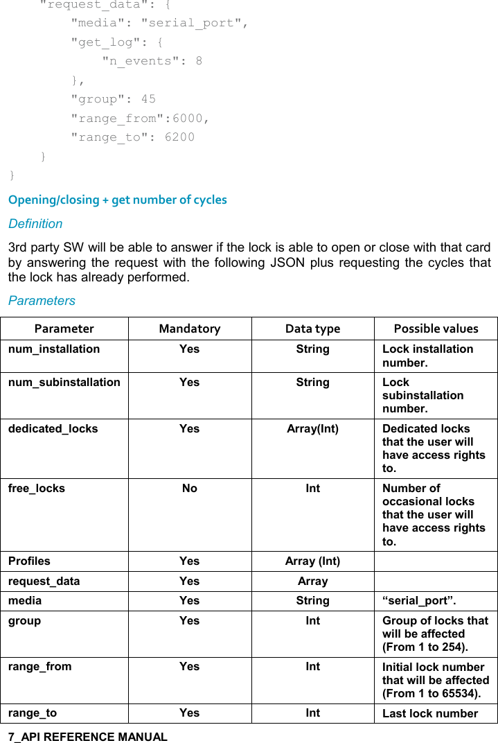       &quot;request_data&quot;: {         &quot;media&quot;: &quot;serial_port&quot;,         &quot;get_log&quot;: {             &quot;n_events&quot;: 8         },         &quot;group&quot;: 45         &quot;range_from&quot;:6000,         &quot;range_to&quot;: 6200     } } Opening/closing + get number of cycles Definition 3rd party SW will be able to answer if the lock is able to open or close with that card by answering the  request  with  the following  JSON  plus requesting the  cycles that the lock has already performed. Parameters Parameter  Mandatory  Data type  Possible values ! +%!&amp;&quot;&apos;((&apos;&quot;%,! K$&amp; &quot;)%!/ ,-1%!&amp;&quot;&apos;((&apos;&quot;%,!! +5$)! +&amp; 5%!&amp;&quot;&apos;((&apos;&quot;%,! K$&amp; &quot;)%!/ ,-1&amp; 5%!&amp;&quot;&apos;((&apos;&quot;%,!! +5$)*$*%-&apos;&quot;$*(,-1&amp; K$&amp; ))&apos;&lt;9!&quot;; $*%-&apos;&quot;$*(,-1&amp;&quot;#&apos;&quot;&quot;#$ &amp;$)4%((#&apos;2$&apos;--$&amp;&amp;)%/#&quot;&amp;&quot;,.)$$(,-1&amp; , !&quot;  +5$),.,--&apos;&amp;%,!&apos;((,-1&amp;&quot;#&apos;&quot;&quot;#$ &amp;$)4%((#&apos;2$&apos;--$&amp;&amp;)%/#&quot;&amp;&quot;,),.%($&amp; K$&amp; ))&apos;&lt;9!&quot;; )$I $&amp;&quot;*&apos;&quot;&apos; K$&amp; ))&apos;&lt; +$*%&apos; K$&amp; &quot;)%!/ U&amp;$)%&apos;(0,)&quot;V/), 0 K$&amp; !&quot; ), 0,.(,-1&amp;&quot;#&apos;&quot;4%((5$&apos;..$-&quot;$*9),+&quot;,;)&apos;!/$.),+ K$&amp; !&quot; !%&quot;%&apos;((,-1! +5$)&quot;#&apos;&quot;4%((5$&apos;..$-&quot;$*9),+&quot;,;)&apos;!/$&quot;, K$&amp; !&quot; &apos;&amp;&quot;(,-1! +5$)