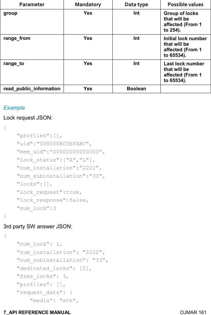    OJMAR 161 Parameter  Mandatory  Data type  Possible values /), 0 K$&amp; !&quot; ), 0,.(,-1&amp;&quot;#&apos;&quot;4%((5$&apos;..$-&quot;$*9),+&quot;,;)&apos;!/$.),+ K$&amp; !&quot; !%&quot;%&apos;((,-1! +5$)&quot;#&apos;&quot;4%((5$&apos;..$-&quot;$*9),+&quot;,;)&apos;!/$&quot;, K$&amp; !&quot; &apos;&amp;&quot;(,-1! +5$)&quot;#&apos;&quot;4%((5$&apos;..$-&quot;$*9),+&quot;,;)$&apos;*0 5(%-%!.,)+&apos;&quot;%,! K$&amp; :,,($&apos;!  Example Lock request JSON: {     &quot;profiles&quot;:[],     &quot;uid&quot;:&quot;000000BCDEFABC&quot;,     &quot;mem_uid&quot;:&quot;00000000000000&quot;,     &quot;lock_status&quot;:[&quot;A&quot;,&quot;L&quot;],     &quot;num_installation&quot;:&quot;2222&quot;,     &quot;num_subinstallation&quot;:&quot;33&quot;,     &quot;locks&quot;:[],     &quot;lock_request&quot;:true,     &quot;lock_response&quot;:false,     &quot;num_lock&quot;:3 } 3rd party SW answer JSON: {     &quot;num_lock&quot;: 1,     &quot;num_installation&quot;: &quot;2222&quot;,     &quot;num_subinstallation&quot;: &quot;33&quot;,     &quot;dedicated_locks&quot;: [2],     &quot;free_locks&quot;: 3,     &quot;profiles&quot;: [],     &quot;request_data&quot;: {         &quot;media&quot;: &quot;eth&quot;, 