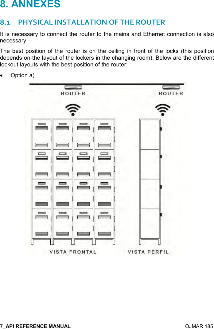    OJMAR 185 8.1PHYSICAL INSTALLATION OF THE ROUTER It is necessary to connect the router to the mains and Ethernet connection is also necessary.  The  best  position  of  the  router  is  on  the  ceiling  in  front  of  the  locks  (this position depends on the layout of the lockers in the changing room). Below are the different lockout layouts with the best position of the router: •  Option a)   