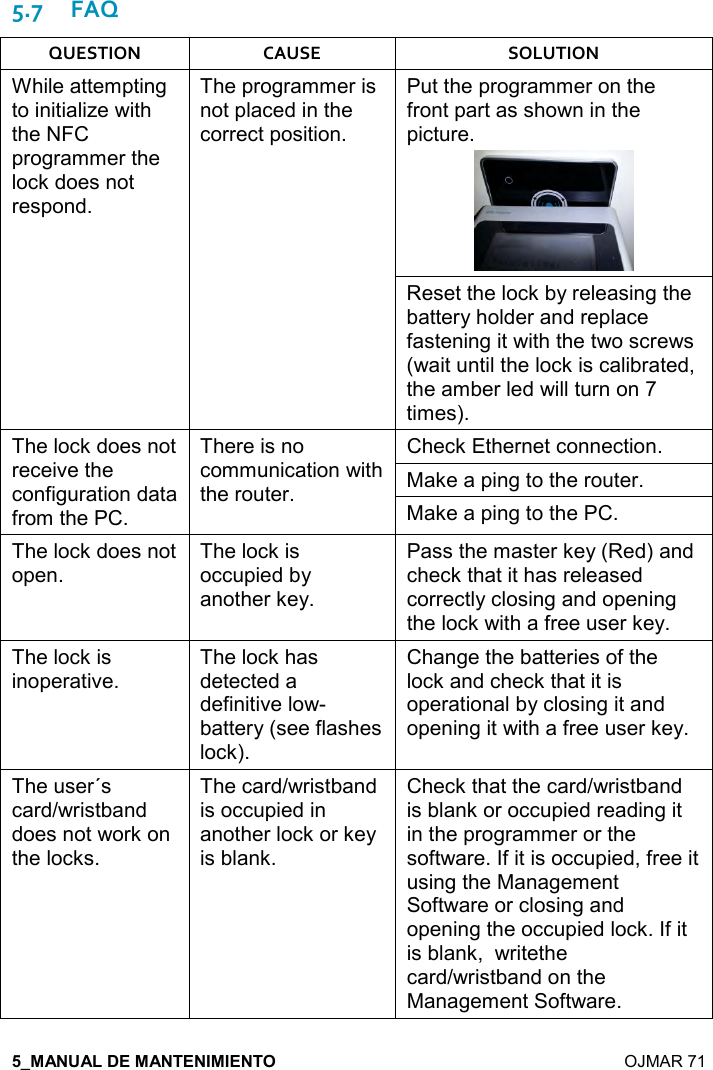    OJMAR 71 5.7FAQ QUESTION  CAUSE  SOLUTION While attempting to initialize with the NFC programmer the lock does not respond. The programmer is not placed in the correct position. Put the programmer on the front part as shown in the picture.  Reset the lock by releasing the battery holder and replace fastening it with the two screws (wait until the lock is calibrated, the amber led will turn on 7 times). The lock does not receive the configuration data from the PC. There is no communication with the router. Check Ethernet connection. Make a ping to the router. Make a ping to the PC. The lock does not open.  The lock is occupied by another key.  Pass the master key (Red) and check that it has released correctly closing and opening the lock with a free user key. The lock is inoperative.  The lock has detected a definitive low-battery (see flashes lock).  Change the batteries of the lock and check that it is operational by closing it and opening it with a free user key.  The user´s card/wristband does not work on the locks.  The card/wristband is occupied in another lock or key is blank.  Check that the card/wristband is blank or occupied reading it in the programmer or the software. If it is occupied, free it using the Management Software or closing and opening the occupied lock. If it is blank,  writethe card/wristband on the Management Software.   