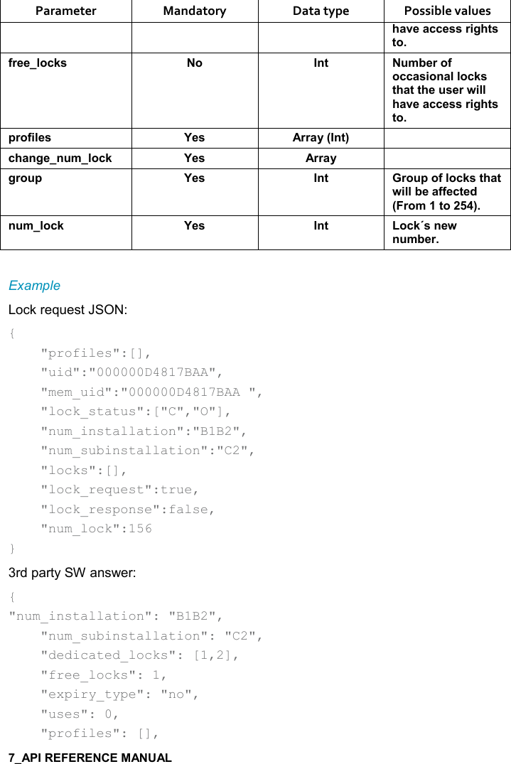   Parameter  Mandatory  Data type  Possible values #&apos;2$&apos;--$&amp;&amp;)%/#&quot;&amp;&quot;,.)$$(,-1&amp; , !&quot;  +5$),.,--&apos;&amp;%,!&apos;((,-1&amp;&quot;#&apos;&quot;&quot;#$ &amp;$)4%((#&apos;2$&apos;--$&amp;&amp;)%/#&quot;&amp;&quot;,0),.%($&amp; K$&amp; ))&apos;&lt;9!&quot;; -#&apos;!/$! +(,-1 K$&amp; ))&apos;&lt; /), 0 K$&amp; !&quot; ), 0,.(,-1&amp;&quot;#&apos;&quot;4%((5$&apos;..$-&quot;$*9),+&quot;,;! +(,-1 K$&amp; !&quot; ,-1J&amp;!$4! +5$) Example Lock request JSON: {     &quot;profiles&quot;:[],     &quot;uid&quot;:&quot;000000D4817BAA&quot;,     &quot;mem_uid&quot;:&quot;000000D4817BAA &quot;,     &quot;lock_status&quot;:[&quot;C&quot;,&quot;O&quot;],     &quot;num_installation&quot;:&quot;B1B2&quot;,     &quot;num_subinstallation&quot;:&quot;C2&quot;,     &quot;locks&quot;:[],     &quot;lock_request&quot;:true,     &quot;lock_response&quot;:false,     &quot;num_lock&quot;:156 } 3rd party SW answer: { &quot;num_installation&quot;: &quot;B1B2&quot;,     &quot;num_subinstallation&quot;: &quot;C2&quot;,     &quot;dedicated_locks&quot;: [1,2],     &quot;free_locks&quot;: 1,     &quot;expiry_type&quot;: &quot;no&quot;,     &quot;uses&quot;: 0,     &quot;profiles&quot;: [], 