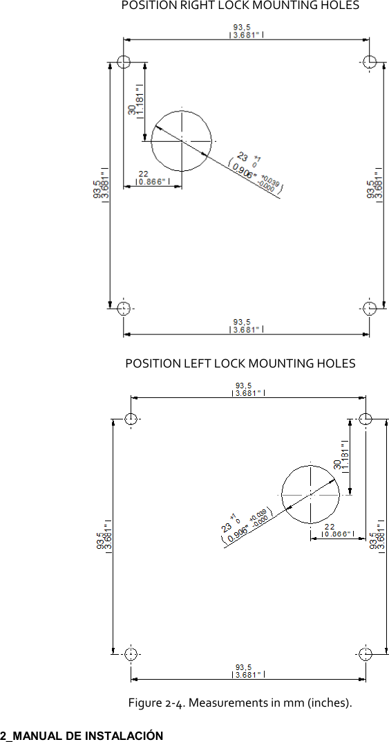     POSITION RIGHT LOCK MOUNTING HOLES   POSITION LEFT LOCK MOUNTING HOLES  Figure 2-4. Measurements in mm (inches).