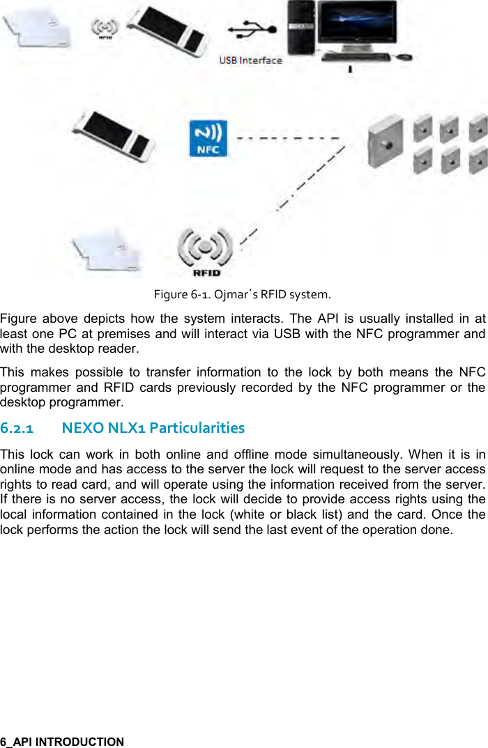    Figure 6-1. Ojmar´s RFID system. Figure  above  depicts  how  the  system  interacts.  The  API  is  usually  installed  in  at least one PC at premises and will interact via USB with the NFC programmer and with the desktop reader. This  makes  possible  to  transfer  information  to  the  lock  by  both  means  the  NFC programmer  and  RFID  cards previously recorded  by  the  NFC  programmer  or  the desktop programmer. 6.2.1NEXO NLX1 Particularities This  lock  can  work  in  both  online  and  offline  mode  simultaneously.  When  it  is  in online mode and has access to the server the lock will request to the server access rights to read card, and will operate using the information received from the server. If there is no server access, the lock will decide to provide access rights using the local information contained in the lock (white or black list) and  the card. Once the lock performs the action the lock will send the last event of the operation done.  