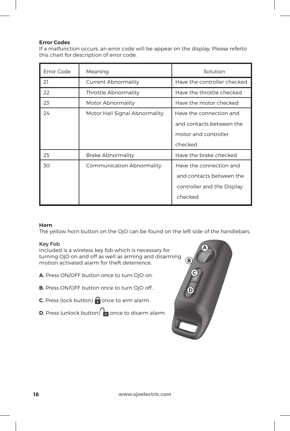 A B C D Error CodesIf a malfunction occurs, an error code will be appear on the display. Please referto this chart for description of error code.   Error Code   Meaning         Solution   21     Current Abnormality               Have the controller checked    22     Throttle Abnormality               Have the throttle checked   23     Motor Abnormality                   Have the motor checked    24     Motor Hall Signal Abnormality        Have the connection and                       and contacts between the                       motor and controller                       checked   25     Brake Abnormality               Have the brake checked   30     Communication Abnormality          Have the connection and                        and contacts between the                        controller and the Display                        checkedHornThe yellow horn button on the OjO can be found on the left side of the handlebars.Key FobIncluded is a wireless key fob which is necessary forturning OjO on and off as well as arming and disarming motion activated alarm for theft deterrence.A. Press ON/OFF button once to turn OjO on.B. Press ON/OFF button once to turn OjO off..C. Press (lock button)      once to arm alarm.D. Press (unlock button)       once to disarm alarm.18 www.ojoelectric.com