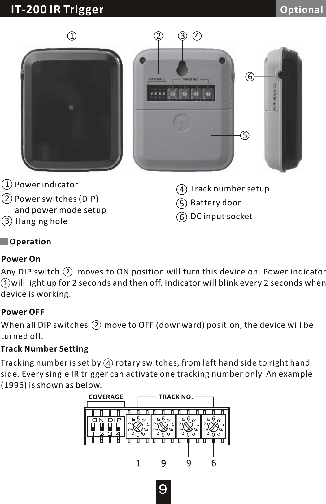 Loop Controller / Alarm  TriggerIT-200 IR  Trigger Optional56123 4123456Power indicatorPower switches (DIP) and power mode setupHanging holeTrack number setupBattery doorDC input socketOperationPower On12Any DIP switch              moves to ON position will turn this device on. Power indicator      will light up for 2 seconds and then off. Indicator will blink every 2 seconds when device is working.Power OFFWhen all DIP switches        move to OFF (downward) position, the device will be turned off.2Track  Number SettingTracking number is set by       rotary switches, from left hand side to right hand side. Every single IR trigger can activate one tracking number only. An example (1996) is shown as below.4