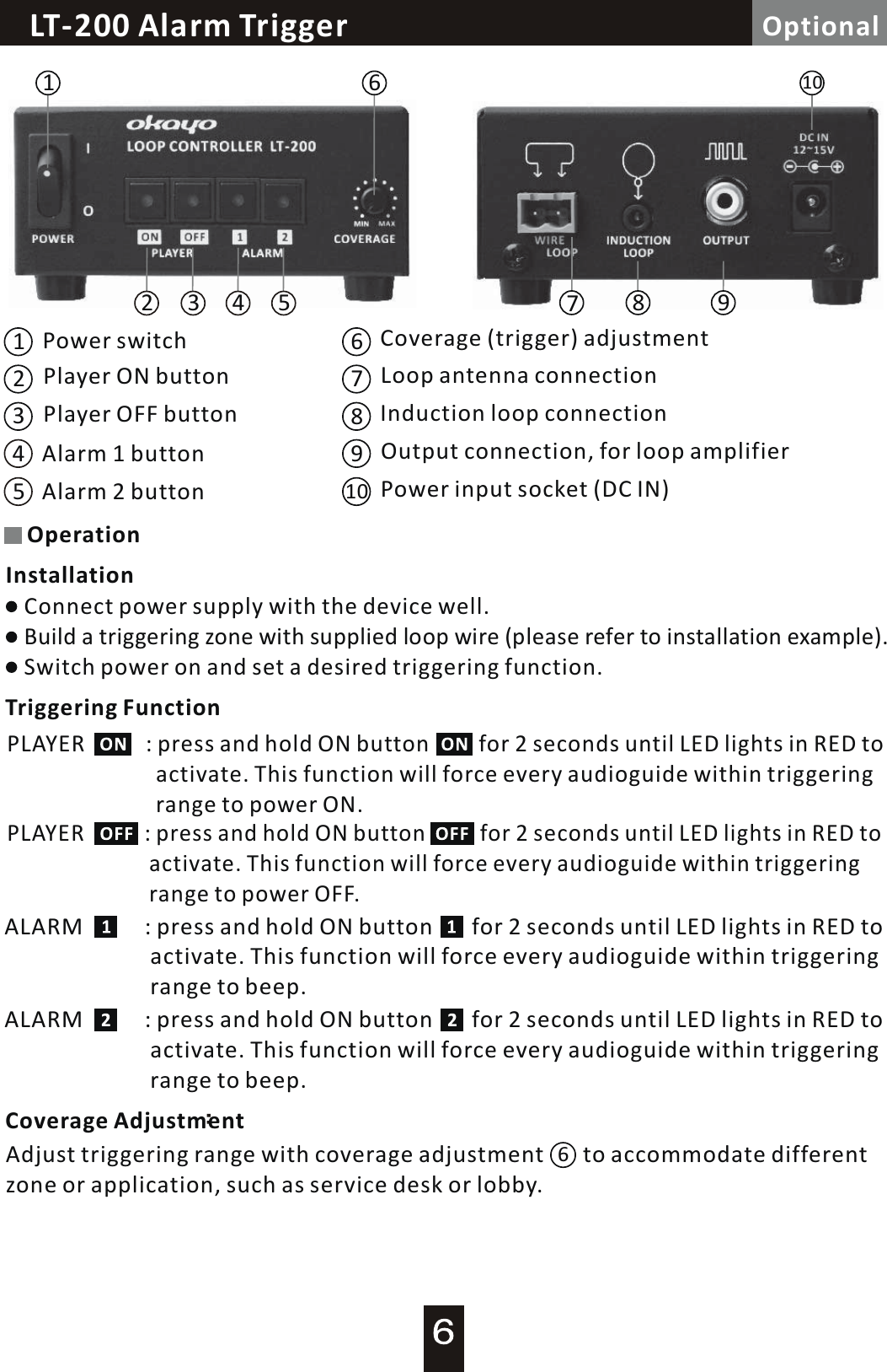 112233667788101099Power switchPlayer ON buttonPlayer OFF buttonAlarm 1 buttonAlarm 2 buttonCoverage (trigger) adjustmentLoop antenna connectionInduction loop connectionOutput connection, for loop amplifierPower input socket (DC IN)4455Connect power supply with the device well.Build a triggering zone  with  supplied  loop  wire  (plea se  refer  to  installation example).Switch power on and set a desired triggering function.OperationInstallationPLAYER           : press and hold ON button         for 2 seconds until LED lights in RED to                            activate. This function will force every audioguide within triggering                            range to power ON.PLAYER           : press and hold ON button          for  2  seconds until LED lights in RED to                           activate. This function will force every audioguide within triggering                           range to power OFF.Triggering FunctionALARM           : press and hold ON button       for 2 seconds until LED lights in RED to                           activate. This function will force every audioguide within triggering                          range to beep.ALARM           : press and hold ON button       for  2  seconds until LED lights in RED to                          activate. This function will force every audioguide within triggering                           range to beep.Coverage AdjustmentAdjust triggering range with coverage adjustment       to accommodate differentzone or application, such as service desk or lobby.6Loop Controller / Alarm  TriggerLT-200 Alarm  Trigger Optional