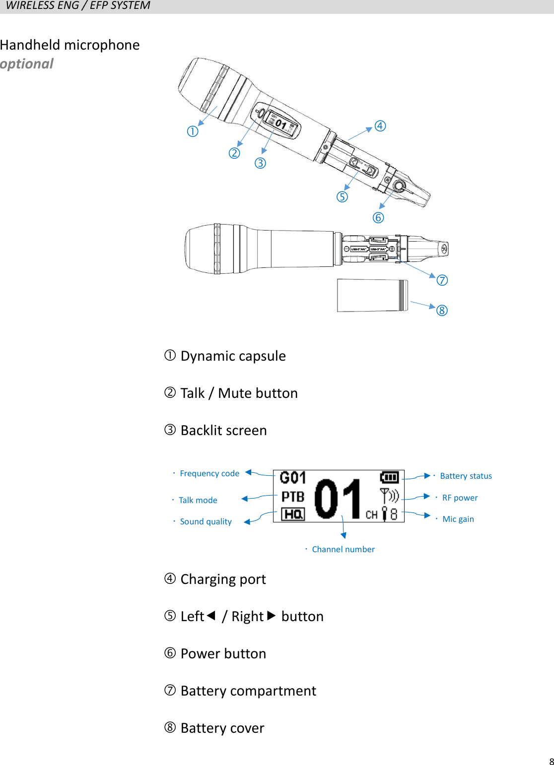   8  WIRELESS ENG / EFP SYSTEM                      Handheld microphone optional  Dynamic capsule  Talk / Mute button  Backlit screen     Charging port  Left / Right button    Power button    Battery compartment  Battery cover         Frequency code  Talk mode  Sound quality  Battery status  RF power  Mic gain  Channel number  
