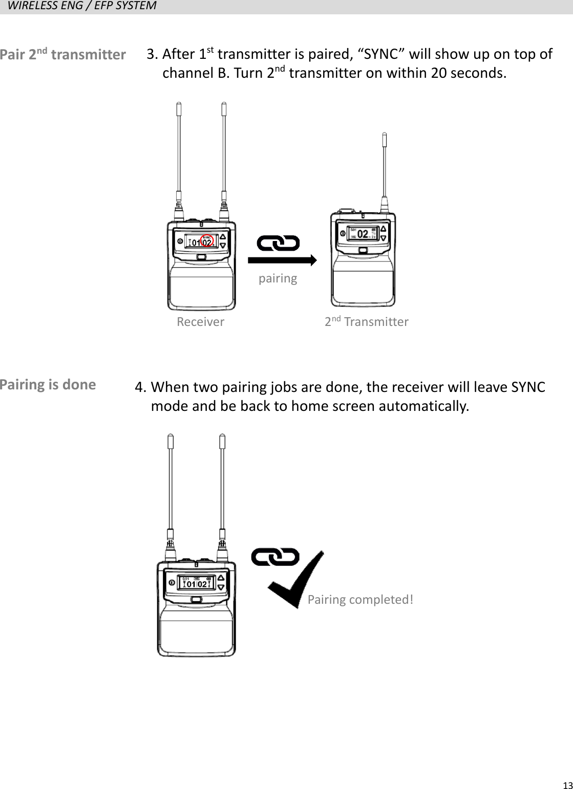   13  WIRELESS ENG / EFP SYSTEM                      Pair 2nd transmitter 3. After 1st transmitter is paired, &ldquo;SYNC&rdquo; will show up on top of   channel B. Turn 2nd transmitter on within 20 seconds. pairing Receiver 2nd Transmitter Pairing is done 4. When two pairing jobs are done, the receiver will leave SYNC   mode and be back to home screen automatically. Pairing completed! 