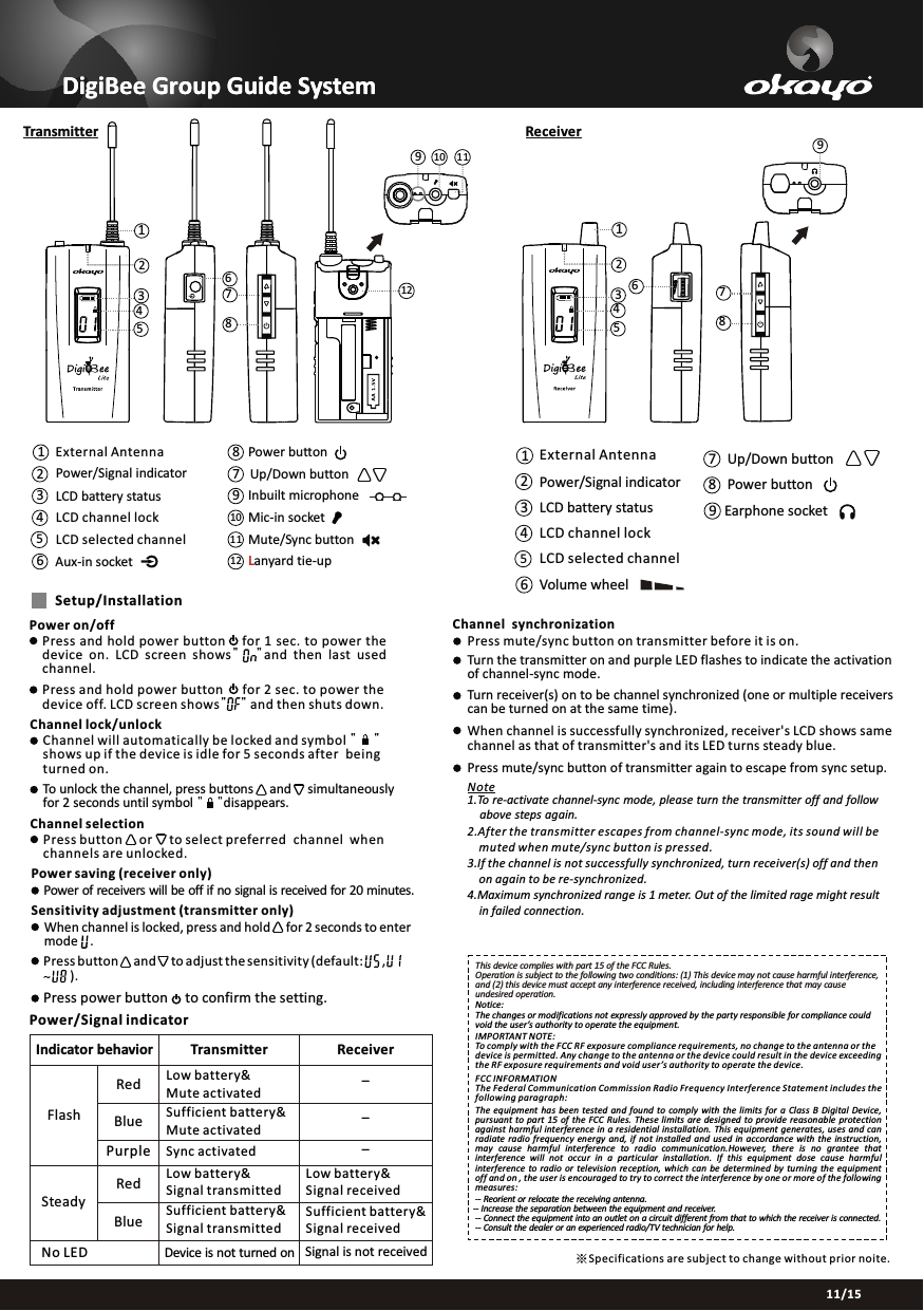 11/15DigiBee Group Guide SystemDigiBee Group Guide SystemSpecifications are subject to change without prior noite.※TransmitterChannel synchronizationPress mute/sync button on transmitter before it is on.Turn the transmitter on and purple LED flashes to indicate the activation of channel-sync mode.Turn receiver(s) on to be channel synchronized (one or multiple receiverscan be turned on at the same time).When channel is successfully synchronized, receiver's LCD shows same channel as that of transmitter's and its LED turns steady blue.Press mute/sync button of transmitter again to escape from sync setup.Note1.To re-activate channel-sync mode, please turn the transmitter off and follow     above steps again.2.After the transmitter escapes from channel-sync mode, its sound will be     muted when mute/sync button is pressed.3.If the channel is not successfully synchronized, turn receiver(s) off and then     on again to be re-synchronized.4.Maximum synchronized range is 1 meter. Out of the limited rage might result     in failed connection.Setup/InstallationPower on/offPress and hold power button   for 1 sec. to power the device on.  LCD  screen  shows"    "and  then last  used channel.     Press and hold power button   for 2 sec. to power thedevice off. LCD screen shows"    " and then shuts down.  Channel lock/unlockChannel will automatically be locked and symbol "     "shows up if the device is idle for 5 seconds after being turned on.To unlock the channel, press buttons and    simultaneouslyfor 2 seconds until symbol "    "disappears.                             Channel selectionPress button    or    to select preferred channel  when channels are unlocked.Power saving (receiver only)Power of receivers will be off if no signal is received for 20 minutes.Sensitivity adjustment (transmitter only)When channel is locked, press and hold     for 2 seconds to enter mode    .Press button     and     to adjust the sensitivity (default:   ,        ).~ Press power button     to confirm the setting.Receiver6781234597Up/Down button8Power button12 Lanyard tie-up9Inbuilt microphone10 Mic-in socket11 Mute/Sync button9786123454LCD channel lock3LCD battery statusL2Power/Signal indicator5LCD selected channel6Aux-in socket 1   External Antenna 1   4LCD channel lock23LCD battery statusPower/Signal indicator65LCD selected channelVolume wheel978Up/Down buttonPower buttonEarphone socketExternal Antenna121110Power/Signal indicatorIndicator behavior Transmitter ReceiverFlashSteadyNo LEDRedBluePurpleLow battery&amp;Mute activatedLow battery&amp;Signal transmittedSufficient battery&amp;Signal transmittedSufficient battery&amp;Mute activatedRed Low battery&amp; Signal receivedBlue---Sync activatedSufficient battery&amp; Signal receivedSignal is not receivedDevice is not turned onThis device complies with part 15 of the FCC Rules.Operation is subject to the following two conditions: (1) This device may not cause harmful interference, and (2) this device must accept any interference received, including interference that may cause undesired operation.IMPORTANT NOTE:To comply with the FCC RF exposure compliance requirements, no change to the antenna or the device is permitted. Any change to the antenna or the device could result in the device exceeding the RF exposure requirements and void user &rsquo;s authority to operate the device.  FCC INFORMATIONThe Federal Communication Commission Radio Frequency Interference Statement includes the following paragraph:The  equipment  has been  tested  and found  to  comply  with  the  limits  for  a  Class  B Digital  Device, pursuant  to part  15  of the FCC  Rules.  These  limits  are  designed  to  provide  reasonable  protection against harmful interference in  a residential installation. This equipment generates,  uses and can radiate  radio frequency energy  and,  if  not  installed  and  used  in  accordance  with  the  instruction, may  cause  harmful  interference  to  radio  communication.However,  there  is  no  grantee  that interference  will  not  occur  in  a  particular  installation.  If  this  equipment  dose  cause  harmful interference  to radio  or  television  reception,  which  can  be  determined  by  turning  the  equipment off and on , the user is encouraged to try to correct the interference by one or more of the following measures:Notice:The changes or modifications not expressly approved by the party responsible for compliance could void the user&rsquo;s authority to operate the equipment.  -- Reorient or relocate the receiving antenna.-- Increase the separation between the equipment and receiver. -- Connect the equipment into an outlet on a circuit different from that to which the receiver is connected. -- Consult the dealer or an experienced radio/TV technician for help.