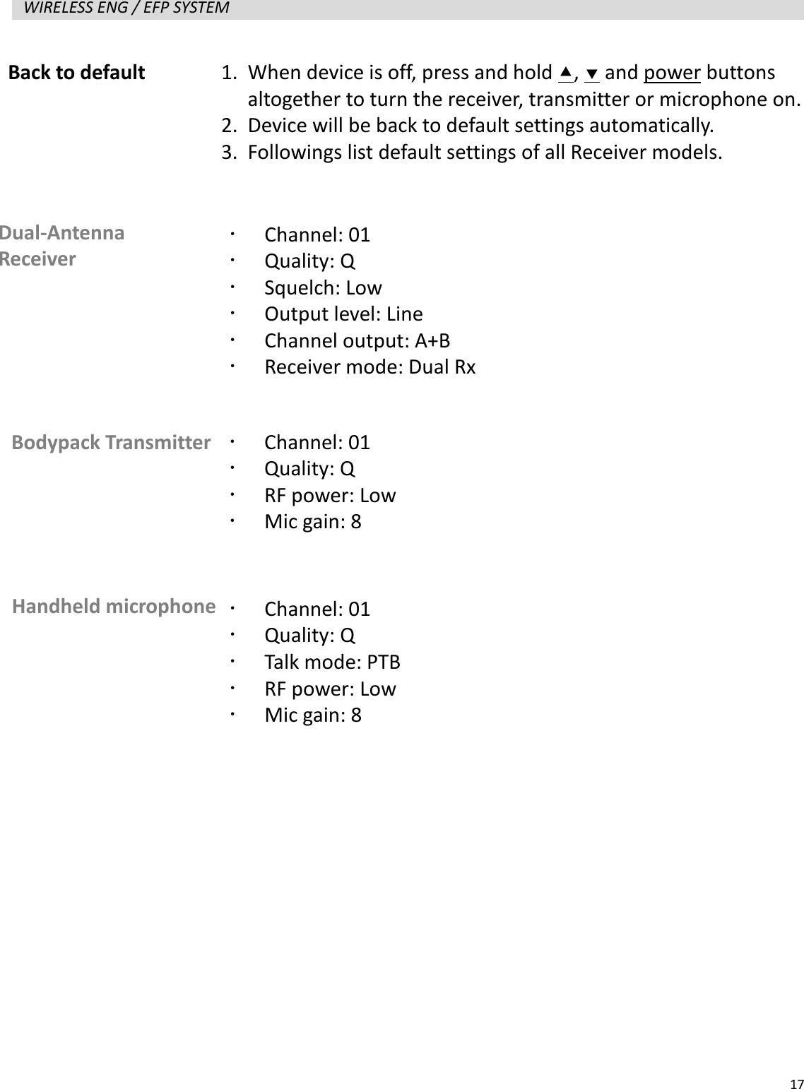  17  WIRELESS ENG / EFP SYSTEM                       Back to default 1. When device is off, press and hold ,  and power buttons altogether to turn the receiver, transmitter or microphone on. 2. Device will be back to default settings automatically. 3. Followings list default settings of all Receiver models. Dual-Antenna Receiver    Channel: 01  Quality: Q  Squelch: Low  Output level: Line  Channel output: A+B  Receiver mode: Dual Rx Bodypack Transmitter    Channel: 01  Quality: Q  RF power: Low  Mic gain: 8 Handheld microphone   Channel: 01  Quality: Q  Talk mode: PTB  RF power: Low  Mic gain: 8 