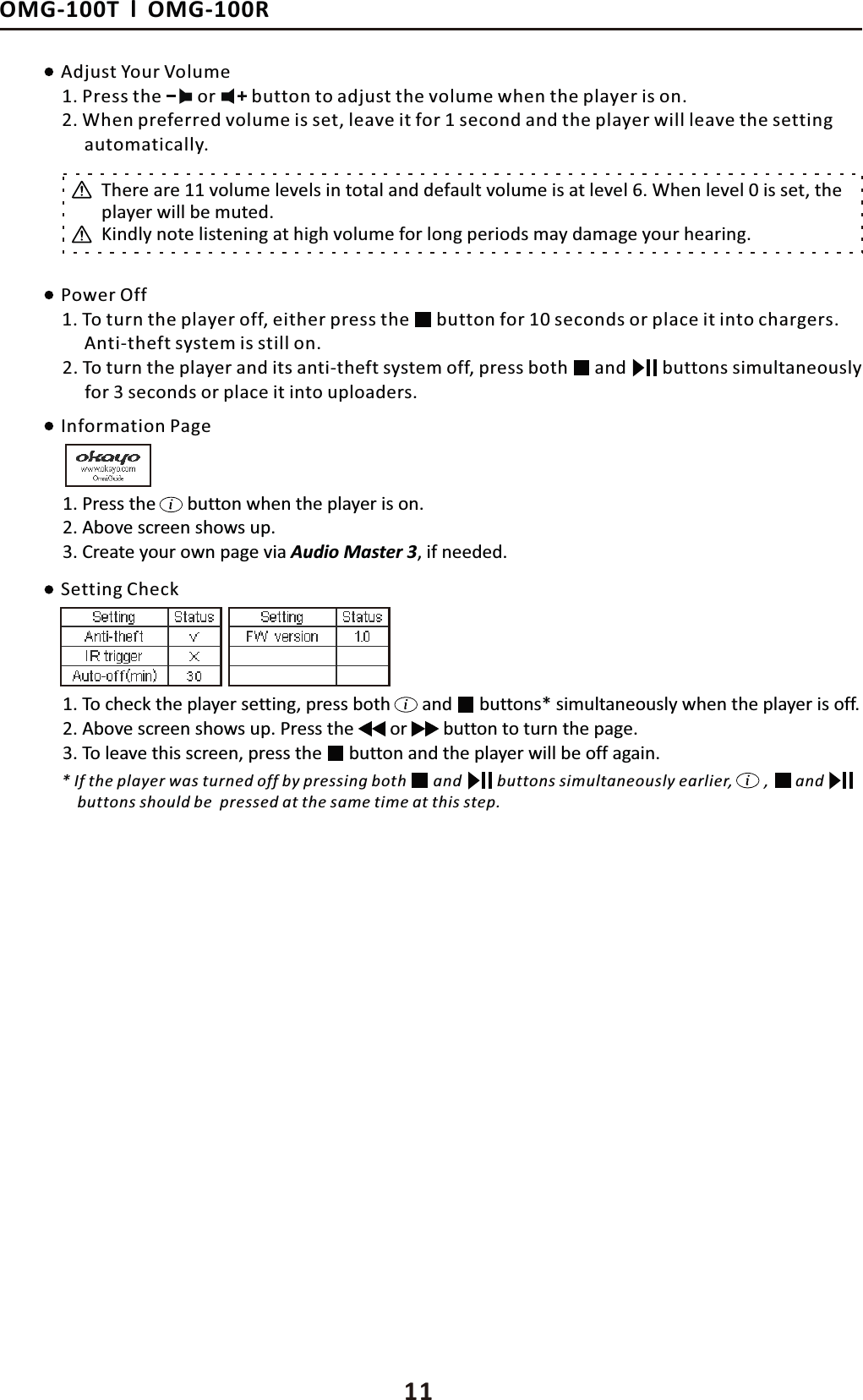 ϭϭKD'ͲϭϬϬdůKD'ͲϭϬϬZWŽǁĞƌKĨĨϭ͘dŽƚƵƌŶƚŚĞƉůĂǇĞƌŽĨĨ͕ĞŝƚŚĞƌƉƌĞƐƐƚŚĞďƵƚƚŽŶĨŽƌϭϬƐĞĐŽŶĚƐŽƌƉůĂĐĞŝƚŝŶƚŽĐŚĂƌŐĞƌƐ͘ŶƚŝͲƚŚĞĨƚƐǇƐƚĞŵŝƐƐƚŝůůŽŶ͘Ϯ͘dŽƚƵƌŶƚŚĞƉůĂǇĞƌĂŶĚŝƚƐĂŶƚŝͲƚŚĞĨƚƐǇƐƚĞŵŽĨĨ͕ƉƌĞƐƐďŽƚŚĂŶĚďƵƚƚŽŶƐƐŝŵƵůƚĂŶĞŽƵƐůǇĨŽƌϯƐĞĐŽŶĚƐŽƌƉůĂĐĞŝƚŝŶƚŽƵƉůŽĂĚĞƌƐ͘ĚũƵƐƚzŽƵƌsŽůƵŵĞ/ŶĨŽƌŵĂƚŝŽŶWĂŐĞ^ĞƚƚŝŶŐŚĞĐŬϭ͘WƌĞƐƐƚŚĞŽƌďƵƚƚŽŶƚŽĂĚũƵƐƚƚŚĞǀŽůƵŵĞǁŚĞŶƚŚĞƉůĂǇĞƌŝƐŽŶ͘Ϯ͘tŚĞŶƉƌĞĨĞƌƌĞĚǀŽůƵŵĞŝƐƐĞƚ͕ůĞĂǀĞŝƚĨŽƌϭƐĞĐŽŶĚĂŶĚƚŚĞƉůĂǇĞƌǁŝůůůĞĂǀĞƚŚĞƐĞƚƚŝŶŐĂƵƚŽŵĂƚŝĐĂůůǇ͘dŚĞƌĞĂƌĞϭϭǀŽůƵŵĞůĞǀĞůƐŝŶƚŽƚĂůĂŶĚĚĞĨĂƵůƚǀŽůƵŵĞŝƐĂƚůĞǀĞůϲ͘tŚĞŶůĞǀĞůϬŝƐƐĞƚ͕ƚŚĞƉůĂǇĞƌǁŝůůďĞŵƵƚĞĚ͘<ŝŶĚůǇŶŽƚĞůŝƐƚĞŶŝŶŐĂƚŚŝŐŚǀŽůƵŵĞĨŽƌůŽŶŐƉĞƌŝŽĚƐŵĂǇĚĂŵĂŐĞǇŽƵƌŚĞĂƌŝŶŐ͘ϭ͘WƌĞƐƐƚŚĞďƵƚƚŽŶǁŚĞŶƚŚĞƉůĂǇĞƌŝƐŽŶ͘Ϯ͘ďŽǀĞƐĐƌĞĞŶƐŚŽǁƐƵƉ͘ϯ͘ƌĞĂƚĞǇŽƵƌŽǁŶƉĂŐĞǀŝĂƵĚŝŽDĂƐƚĞƌϯ͕ŝĨŶĞĞĚĞĚ͘ϭ͘dŽĐŚĞĐŬƚŚĞƉůĂǇĞƌƐĞƚƚŝŶŐ͕ƉƌĞƐƐďŽƚŚĂŶĚ ďƵƚƚŽŶƐΎƐŝŵƵůƚĂŶĞŽƵƐůǇǁŚĞŶƚŚĞƉůĂǇĞƌŝƐŽĨĨ͘Ϯ͘ďŽǀĞƐĐƌĞĞŶƐŚŽǁƐƵƉ͘WƌĞƐƐƚŚĞ ďƵƚƚŽŶƚŽƚƵƌŶƚŚĞƉĂŐĞ͘Žƌϯ͘dŽůĞĂǀĞƚŚŝƐƐĐƌĞĞŶ͕ƉƌĞƐƐƚŚĞ ďƵƚƚŽŶĂŶĚƚŚĞƉůĂǇĞƌǁŝůůďĞŽĨĨĂŐĂŝŶ͘Ύ/ĨƚŚĞƉůĂǇĞƌǁĂƐƚƵƌŶĞĚŽĨĨďǇƉƌĞƐƐŝŶŐďŽƚŚĂŶĚďƵƚƚŽŶƐƐŝŵƵůƚĂŶĞŽƵƐůǇĞĂƌůŝĞƌ͕͕ĂŶĚďƵƚƚŽŶƐƐŚŽƵůĚďĞƉƌĞƐƐĞĚĂƚƚŚĞƐĂŵĞƚŝŵĞĂƚƚŚŝƐƐƚĞƉ͘