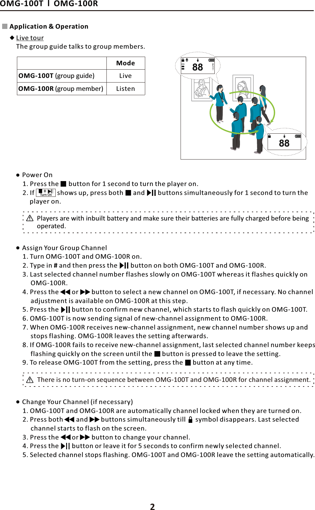 ƐƐŝŐŶzŽƵƌ'ƌŽƵƉŚĂŶŶĞůϭ͘dƵƌŶKD'ͲϭϬϬdĂŶĚKD'ͲϭϬϬZŽŶ͘Ϯ͘dǇƉĞŝŶ&eta;ĂŶĚƚŚĞŶƉƌĞƐƐƚŚĞďƵƚƚŽŶŽŶďŽƚŚKD'ͲϭϬϬdĂŶĚKD'ͲϭϬϬZ͘ϯ͘>ĂƐƚƐĞůĞĐƚĞĚĐŚĂŶŶĞůŶƵŵďĞƌĨůĂƐŚĞƐƐůŽǁůǇŽŶKD'ͲϭϬϬdǁŚĞƌĞĂƐŝƚĨůĂƐŚĞƐƋƵŝĐŬůǇŽŶKD'ͲϭϬϬZ͘ϰ͘WƌĞƐƐƚŚĞŽƌďƵƚƚŽŶƚŽƐĞůĞĐƚĂŶĞǁĐŚĂŶŶĞůŽŶKD'ͲϭϬϬd͕ŝĨŶĞĐĞƐƐĂƌǇ͘EŽĐŚĂŶŶĞůĂĚũƵƐƚŵĞŶƚŝƐĂǀĂŝůĂďůĞŽŶKD'ͲϭϬϬZĂƚƚŚŝƐƐƚĞƉ͘ϱ͘WƌĞƐƐƚŚĞďƵƚƚŽŶƚŽĐŽŶĨŝƌŵŶĞǁĐŚĂŶŶĞů͕ǁŚŝĐŚƐƚĂƌƚƐƚŽĨůĂƐŚƋƵŝĐŬůǇŽŶKD'ͲϭϬϬd͘ϲ͘KD'ͲϭϬϬdŝƐŶŽǁƐĞŶĚŝŶŐƐŝŐŶĂůŽĨŶĞǁͲĐŚĂŶŶĞůĂƐƐŝŐŶŵĞŶƚƚŽKD'ͲϭϬϬZ͘ϳ͘tŚĞŶKD'ͲϭϬϬZƌĞĐĞŝǀĞƐŶĞǁͲĐŚĂŶŶĞůĂƐƐŝŐŶŵĞŶƚ͕ŶĞǁĐŚĂŶŶĞůŶƵŵďĞƌƐŚŽǁƐƵƉĂŶĚƐƚŽƉƐĨůĂƐŚŝŶŐ͘KD'ͲϭϬϬZůĞĂǀĞƐƚŚĞƐĞƚƚŝŶŐĂĨƚĞƌǁĂƌĚƐ͘ϴ͘/ĨKD'ͲϭϬϬZĨĂŝůƐƚŽƌĞĐĞŝǀĞŶĞǁͲĐŚĂŶŶĞůĂƐƐŝŐŶŵĞŶƚ͕ůĂƐƚƐĞůĞĐƚĞĚĐŚĂŶŶĞůŶƵŵďĞƌŬĞĞƉƐĨůĂƐŚŝŶŐƋƵŝĐŬůǇŽŶƚŚĞƐĐƌĞĞŶƵŶƚŝůƚŚĞďƵƚƚŽŶŝƐƉƌĞƐƐĞĚƚŽůĞĂǀĞƚŚĞƐĞƚƚŝŶŐ͘ϵ͘dŽƌĞůĞĂƐĞKD'ͲϭϬϬdĨƌŽŵƚŚĞƐĞƚƚŝŶŐ͕ƉƌĞƐƐƚŚĞďƵƚƚŽŶĂƚĂŶǇƚŝŵĞ͘dŚĞƌĞŝƐŶŽƚƵƌŶͲŽŶƐĞƋƵĞŶĐĞďĞƚǁĞĞŶKD'ͲϭϬϬdĂŶĚKD'ͲϭϬϬZĨŽƌĐŚĂŶŶĞůĂƐƐŝŐŶŵĞŶƚ͘ϮWŽǁĞƌKŶŚĂŶŐĞzŽƵƌŚĂŶŶĞů;ŝĨŶĞĐĞƐƐĂƌǇͿϭ͘WƌĞƐƐƚŚĞ ďƵƚƚŽŶĨŽƌϭƐĞĐŽŶĚƚŽƚƵƌŶƚŚĞƉůĂǇĞƌŽŶ͘ϭ͘KD'ͲϭϬϬdĂŶĚKD'ͲϭϬϬZĂƌĞĂƵƚŽŵĂƚŝĐĂůůǇĐŚĂŶŶĞůůŽĐŬĞĚǁŚĞŶƚŚĞǇĂƌĞƚƵƌŶĞĚŽŶ͘Ϯ͘WƌĞƐƐďŽƚŚĂŶĚďƵƚƚŽŶƐƐŝŵƵůƚĂŶĞŽƵƐůǇƚŝůů ƐǇŵďŽůĚŝƐĂƉƉĞĂƌƐ͘>ĂƐƚƐĞůĞĐƚĞĚĐŚĂŶŶĞůƐƚĂƌƚƐƚŽĨůĂƐŚŽŶƚŚĞƐĐƌĞĞŶ͘ϯ͘WƌĞƐƐƚŚĞŽƌďƵƚƚŽŶƚŽĐŚĂŶŐĞǇŽƵƌĐŚĂŶŶĞů͘ϰ͘WƌĞƐƐƚŚĞďƵƚƚŽŶŽƌůĞĂǀĞŝƚĨŽƌϱƐĞĐŽŶĚƐƚŽĐŽŶĨŝƌŵŶĞǁůǇƐĞůĞĐƚĞĚĐŚĂŶŶĞů͘ϱ͘^ĞůĞĐƚĞĚĐŚĂŶŶĞůƐƚŽƉƐĨůĂƐŚŝŶŐ͘KD'ͲϭϬϬdĂŶĚKD'ͲϭϬϬZůĞĂǀĞƚŚĞƐĞƚƚŝŶŐĂƵƚŽŵĂƚŝĐĂůůǇ͘Ϯ͘/ĨƐŚŽǁƐƵƉ͕ƉƌĞƐƐďŽƚŚĂŶĚďƵƚƚŽŶƐƐŝŵƵůƚĂŶĞŽƵƐůǇĨŽƌϭƐĞĐŽŶĚƚŽƚƵƌŶƚŚĞ!!ƉůĂǇĞƌŽŶ͘>ŝǀĞƚŽƵƌdŚĞŐƌŽƵƉŐƵŝĚĞƚĂůŬƐƚŽŐƌŽƵƉŵĞŵďĞƌƐ͘ƉƉůŝĐĂƚŝŽŶ&Theta;KƉĞƌĂƚŝŽŶKD'ͲϭϬϬd;ŐƌŽƵƉŐƵŝĚĞͿKD'ͲϭϬϬZDŽĚĞ;ŐƌŽƵƉŵĞŵďĞƌͿ>ŝǀĞ>ŝƐƚĞŶнdƵƌŶKŶWůĂǇĞƌƐĂƌĞǁŝƚŚŝŶďƵŝůƚďĂƚƚĞƌǇĂŶĚŵĂŬĞƐƵƌĞƚŚĞŝƌďĂƚƚĞƌŝĞƐĂƌĞĨƵůůǇĐŚĂƌŐĞĚďĞĨŽƌĞďĞŝŶŐŽƉĞƌĂƚĞĚ͘KD'ͲϭϬϬdůKD'ͲϭϬϬZ