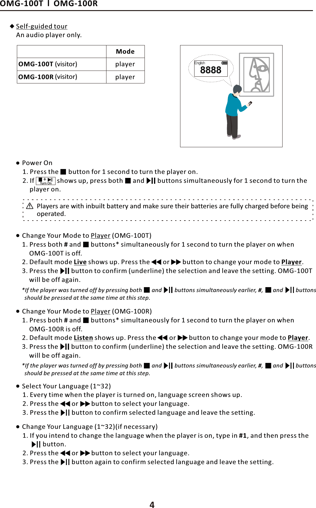 ϰKD'ͲϭϬϬdůKD'ͲϭϬϬZWŽǁĞƌKŶŚĂŶŐĞzŽƵƌDŽĚĞƚŽWůĂǇĞƌ;KD'ͲϭϬϬdͿŚĂŶŐĞzŽƵƌDŽĚĞƚŽWůĂǇĞƌ;KD'ͲϭϬϬZͿ^ĞůĞĐƚzŽƵƌ>ĂŶŐƵĂŐĞ;ϭ&Epsilon;ϯϮͿŚĂŶŐĞzŽƵƌ>ĂŶŐƵĂŐĞ;ϭ&Epsilon;ϯϮͿ;ŝĨŶĞĐĞƐƐĂƌǇͿϭ͘WƌĞƐƐƚŚĞ ďƵƚƚŽŶĨŽƌϭƐĞĐŽŶĚƚŽƚƵƌŶƚŚĞƉůĂǇĞƌŽŶ͘ϭ͘ǀĞƌǇƚŝŵĞǁŚĞŶƚŚĞƉůĂǇĞƌŝƐƚƵƌŶĞĚŽŶ͕ůĂŶŐƵĂŐĞƐĐƌĞĞŶƐŚŽǁƐƵƉ͘Ϯ͘WƌĞƐƐƚŚĞŽƌďƵƚƚŽŶƚŽƐĞůĞĐƚǇŽƵƌůĂŶŐƵĂŐĞ͘ϯ͘WƌĞƐƐƚŚĞ ďƵƚƚŽŶƚŽĐŽŶĨŝƌŵƐĞůĞĐƚĞĚůĂŶŐƵĂŐĞĂŶĚůĞĂǀĞƚŚĞƐĞƚƚŝŶŐ͘ϭ͘/ĨǇŽƵŝŶƚĞŶĚƚŽĐŚĂŶŐĞƚŚĞůĂŶŐƵĂŐĞǁŚĞŶƚŚĞƉůĂǇĞƌŝƐŽŶ͕ƚǇƉĞŝŶ&eta;ϭ͕ĂŶĚƚŚĞŶƉƌĞƐƐƚŚĞ!!ďƵƚƚŽŶ͘Ϯ͘WƌĞƐƐƚŚĞŽƌďƵƚƚŽŶƚŽƐĞůĞĐƚǇŽƵƌůĂŶŐƵĂŐĞ͘ϯ͘WƌĞƐƐƚŚĞďƵƚƚŽŶĂŐĂŝŶƚŽĐŽŶĨŝƌŵƐĞůĞĐƚĞĚůĂŶŐƵĂŐĞĂŶĚůĞĂǀĞƚŚĞƐĞƚƚŝŶŐ͘Ϯ͘/ĨƐŚŽǁƐƵƉ͕ƉƌĞƐƐďŽƚŚĂŶĚďƵƚƚŽŶƐƐŝŵƵůƚĂŶĞŽƵƐůǇĨŽƌϭƐĞĐŽŶĚƚŽƚƵƌŶƚŚĞ!!ƉůĂǇĞƌŽŶ͘^ĞůĨͲŐƵŝĚĞĚƚŽƵƌŶĂƵĚŝŽƉůĂǇĞƌŽŶůǇ͘KD'ͲϭϬϬd;ǀŝƐŝƚŽƌͿ;ǀŝƐŝƚŽƌͿKD'ͲϭϬϬZDŽĚĞƉůĂǇĞƌƉůĂǇĞƌнdƵƌŶKŶWůĂǇĞƌƐĂƌĞǁŝƚŚŝŶďƵŝůƚďĂƚƚĞƌǇĂŶĚŵĂŬĞƐƵƌĞƚŚĞŝƌďĂƚƚĞƌŝĞƐĂƌĞĨƵůůǇĐŚĂƌŐĞĚďĞĨŽƌĞďĞŝŶŐŽƉĞƌĂƚĞĚ͘ϭ͘WƌĞƐƐďŽƚŚ&eta;ĂŶĚďƵƚƚŽŶƐΎƐŝŵƵůƚĂŶĞŽƵƐůǇĨŽƌϭƐĞĐŽŶĚƚŽƚƵƌŶƚŚĞƉůĂǇĞƌŽŶǁŚĞŶ!!KD'ͲϭϬϬdŝƐŽĨĨ͘Ϯ͘ĞĨĂƵůƚŵŽĚĞ>ŝǀĞƐŚŽǁƐƵƉ͘WƌĞƐƐƚŚĞŽƌďƵƚƚŽŶƚŽĐŚĂŶŐĞǇŽƵƌŵŽĚĞƚŽWůĂǇĞƌ͘ϯ͘WƌĞƐƐƚŚĞďƵƚƚŽŶƚŽĐŽŶĨŝƌŵ;ƵŶĚĞƌůŝŶĞͿƚŚĞƐĞůĞĐƚŝŽŶĂŶĚůĞĂǀĞƚŚĞƐĞƚƚŝŶŐ͘KD'ͲϭϬϬd!!ǁŝůůďĞŽĨĨĂŐĂŝŶ͘ϭ͘WƌĞƐƐďŽƚŚ&eta;ĂŶĚďƵƚƚŽŶƐΎƐŝŵƵůƚĂŶĞŽƵƐůǇĨŽƌϭƐĞĐŽŶĚƚŽƚƵƌŶƚŚĞƉůĂǇĞƌŽŶǁŚĞŶ!!KD'ͲϭϬϬZŝƐŽĨĨ͘Ϯ͘ĞĨĂƵůƚŵŽĚĞ>ŝƐƚĞŶƐŚŽǁƐƵƉ͘WƌĞƐƐƚŚĞŽƌďƵƚƚŽŶƚŽĐŚĂŶŐĞǇŽƵƌŵŽĚĞƚŽWůĂǇĞƌ͘ϯ͘WƌĞƐƐƚŚĞďƵƚƚŽŶƚŽĐŽŶĨŝƌŵ;ƵŶĚĞƌůŝŶĞͿƚŚĞƐĞůĞĐƚŝŽŶĂŶĚůĞĂǀĞƚŚĞƐĞƚƚŝŶŐ͘KD'ͲϭϬϬZ!!ǁŝůůďĞŽĨĨĂŐĂŝŶ͘Ύ/ĨƚŚĞƉůĂǇĞƌǁĂƐƚƵƌŶĞĚŽĨĨďǇƉƌĞƐƐŝŶŐďŽƚŚĂŶĚďƵƚƚŽŶƐƐŝŵƵůƚĂŶĞŽƵƐůǇĞĂƌůŝĞƌ͕&eta;͕ĂŶĚďƵƚƚŽŶƐƐŚŽƵůĚďĞƉƌĞƐƐĞĚĂƚƚŚĞƐĂŵĞƚŝŵĞĂƚƚŚŝƐƐƚĞƉ͘Ύ/ĨƚŚĞƉůĂǇĞƌǁĂƐƚƵƌŶĞĚŽĨĨďǇƉƌĞƐƐŝŶŐďŽƚŚĂŶĚďƵƚƚŽŶƐƐŝŵƵůƚĂŶĞŽƵƐůǇĞĂƌůŝĞƌ͕&eta;͕ĂŶĚďƵƚƚŽŶƐƐŚŽƵůĚďĞƉƌĞƐƐĞĚĂƚƚŚĞƐĂŵĞƚŝŵĞĂƚƚŚŝƐƐƚĞƉ͘