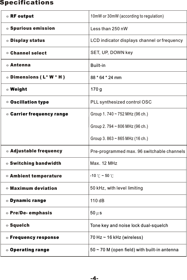  Specifications-4-RF output10mW or 30mW (according to regulation)Spurious emission Less than 250 nWDisplay status LCD indicator displays channel or frequencyChannel select SET, UP, DOWN keyAntennaBuilt-inDimensions ( L* W * H )88 * 64 * 24 mmWeight170 gOscillation typeAdjustable frequency Pre-programmed max. 96 switchable channelsPLL synthesized control OSCCarrier frequency rangeGroup 1. 740 ~ 752 MHz (96 ch.)Group 2. 794 ~ 806 MHz (96 ch.)Group 3. 863 ~ 865 MHz (16 ch.)Switching bandwidthAmbient temperatureMaximum deviationDynamic rangePre/De- emphasisSquelch Max. 12 MHz-10  ~ 50 50 kHz, with level limiting 110 dB50 sTone key and noise lock dual-squelchFrequency responseOperating range70 Hz ~ 16 kHz (wireless)50 ~ 70 M (open field) with built-in antenna