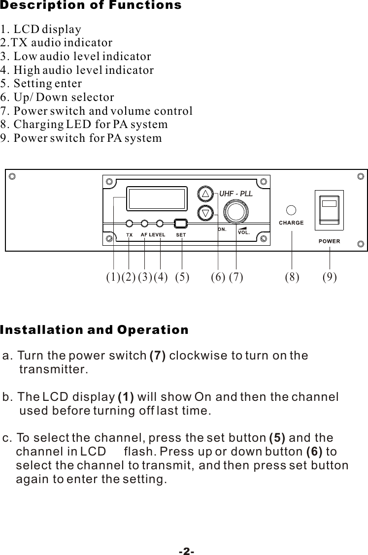 Description of Functions Installation and Operation-2-1. LCD display2.TX audio indicator3. Low audio level indicator4. High audio level indicator5. Setting enter6. Up/ Down selector7. Power switch and volume control8. Charging LED for PA system9. Power switch for PA system(2)(1)(3)(4)(5) (8) (9)(6) (7)a. Turn the power switch (7) clockwise to turn on the      transmitter. b. The LCD display (1) will show On and then the channel      used before turning off last time.c. To select the channel, press the set button (5) and the     channel in LCD     flash. Press up or down button (6) to    select the channel to transmit, and then press set button     again to enter the setting. 