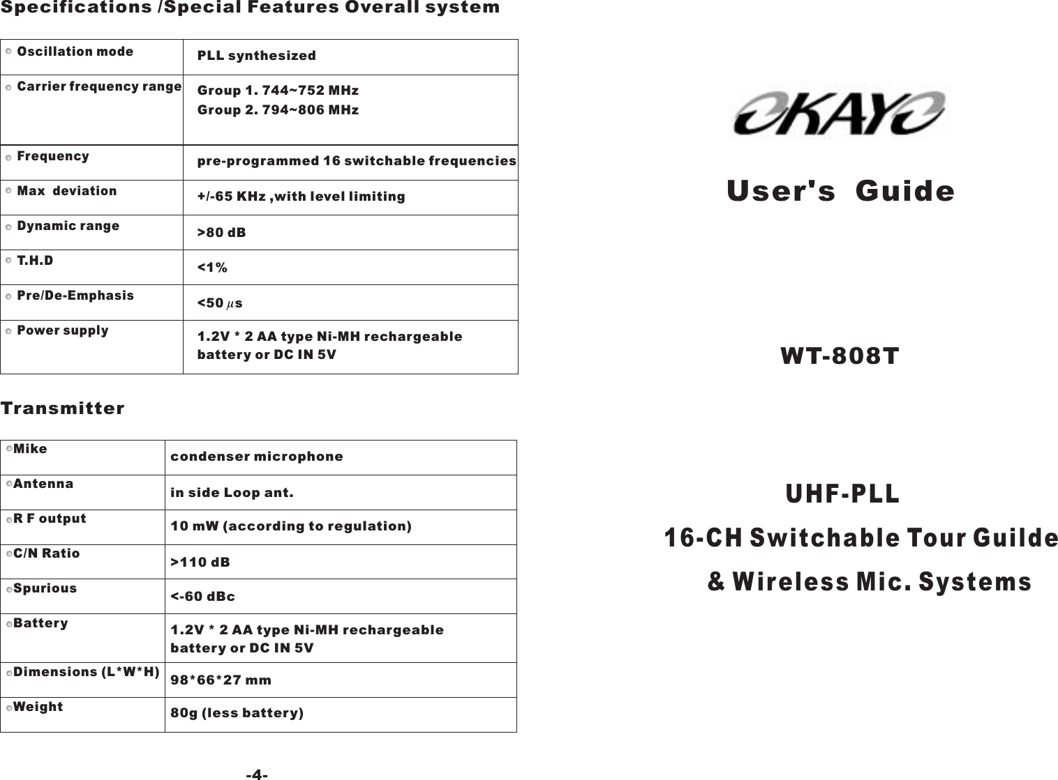 Oscillation modeCarrier frequency rangeFrequencyMax deviationDynamic rangeT.H.DPre/De-EmphasisPower supplyPLL synthesizedpre-programmed 16 switchable frequencies+/-65 KHz ,with level limiting>80 dB<1%<50 sm1.2V*2AAtypeNi-MHrechargeablebattery or DC IN 5VGroup 1. 744~752 MHzMikecondenser microphoneAntennain side Loop ant.R F output10 mW (according to regulation)C/N Ratio>110 dBSpurious<-60 dBcBattery1.2V*2AAtypeNi-MHrechargeablebatteryorDCIN5VDimensions (L*W*H)98*66*27 mmWeight80g (less battery)Specifications/Special FeaturesOverall system-4-TransmitterGroup 2. 794~806 MHzUser's GuideUHF-PLL16-CH Switchable Tour Guilde&amp; Wireless Mic. SystemsWT-808T
