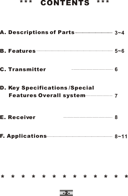 A. Descriptions of PartsB. FeaturesC. Transmitter D. Key Specifications /Special     Features Overall systemE. Receiver  F. Applications-2--2-***   CONTENTS   ***3~45~66788~11*  *  *  *  *  *  *  *  *  *  *  *  *