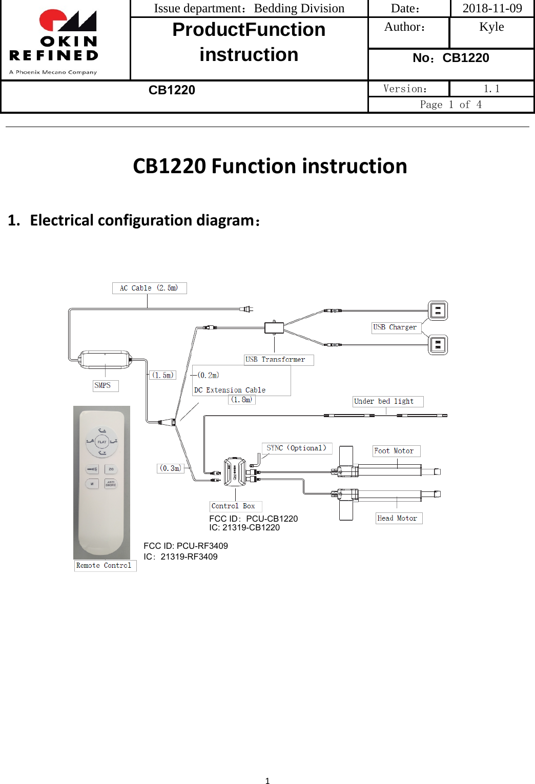 Issue department：Bedding Division  Date： 2018-11-09 ProductFunction instruction Author： Kyle No：CB1220 CB1220 Version：  1.1 Page 1 of 4 1CB1220 Functioninstruction1. Electricalconfigurationdiagram：FCC ID: PCU-RF3409 IC：21319-RF3409FCC ID：PCU-CB1220 IC: 21319-CB1220