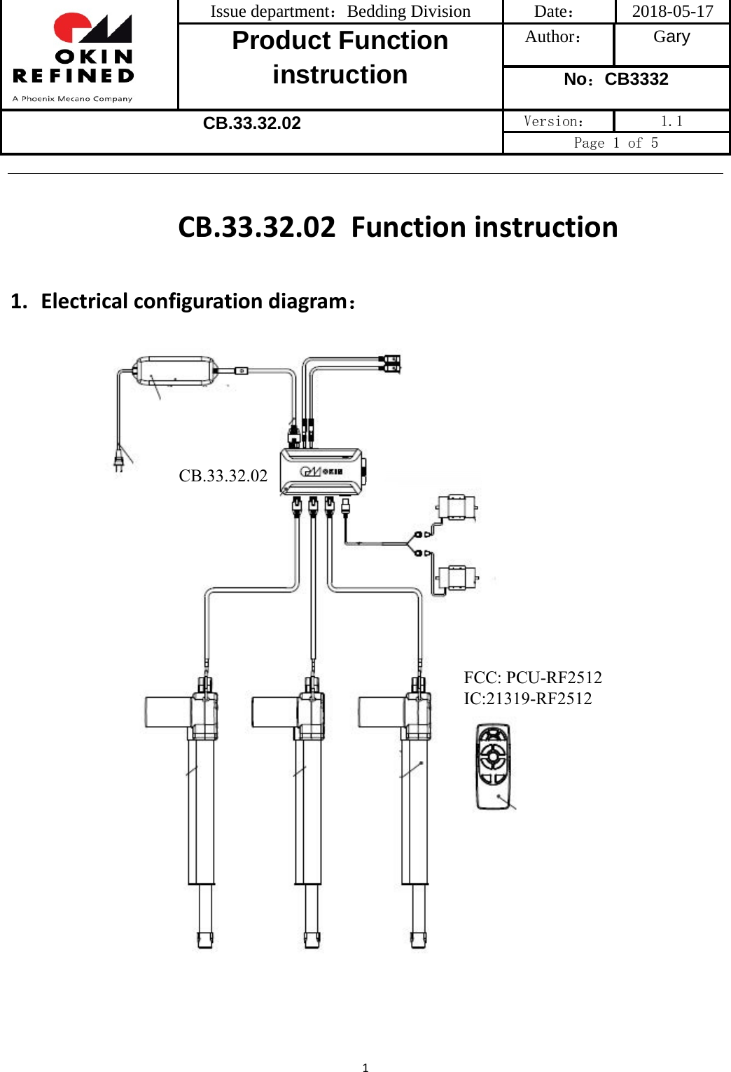 Issue department：Bedding Division  Date： 2018-05-17 Product Function instruction Author： Gary No：CB3332 CB.33.32.02 Version：  1.1 Page 1 of 5 1CB.33.32.02 Functioninstruction1. Electricalconfigurationdiagram：FCC: PCU-RF2512IC:21319-RF2512CB.33.32.02