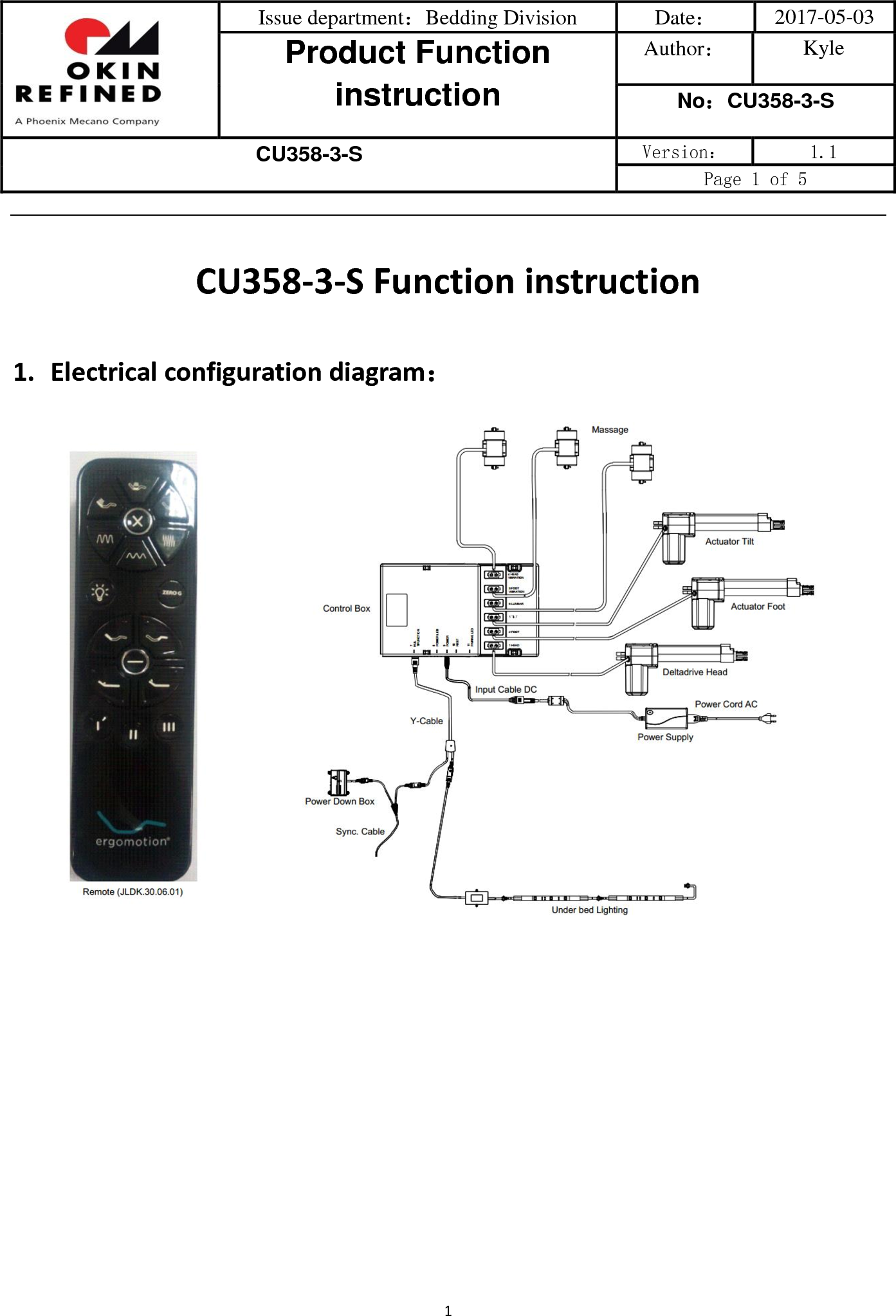  Issue department：Bedding Division Date： 2017-05-03 Product Function instruction Author： Kyle No：CU358-3-S CU358-3-S Version： 1.1 Page 1 of 5  1  CU358-3-S Function instruction 1. Electrical configuration diagram：  