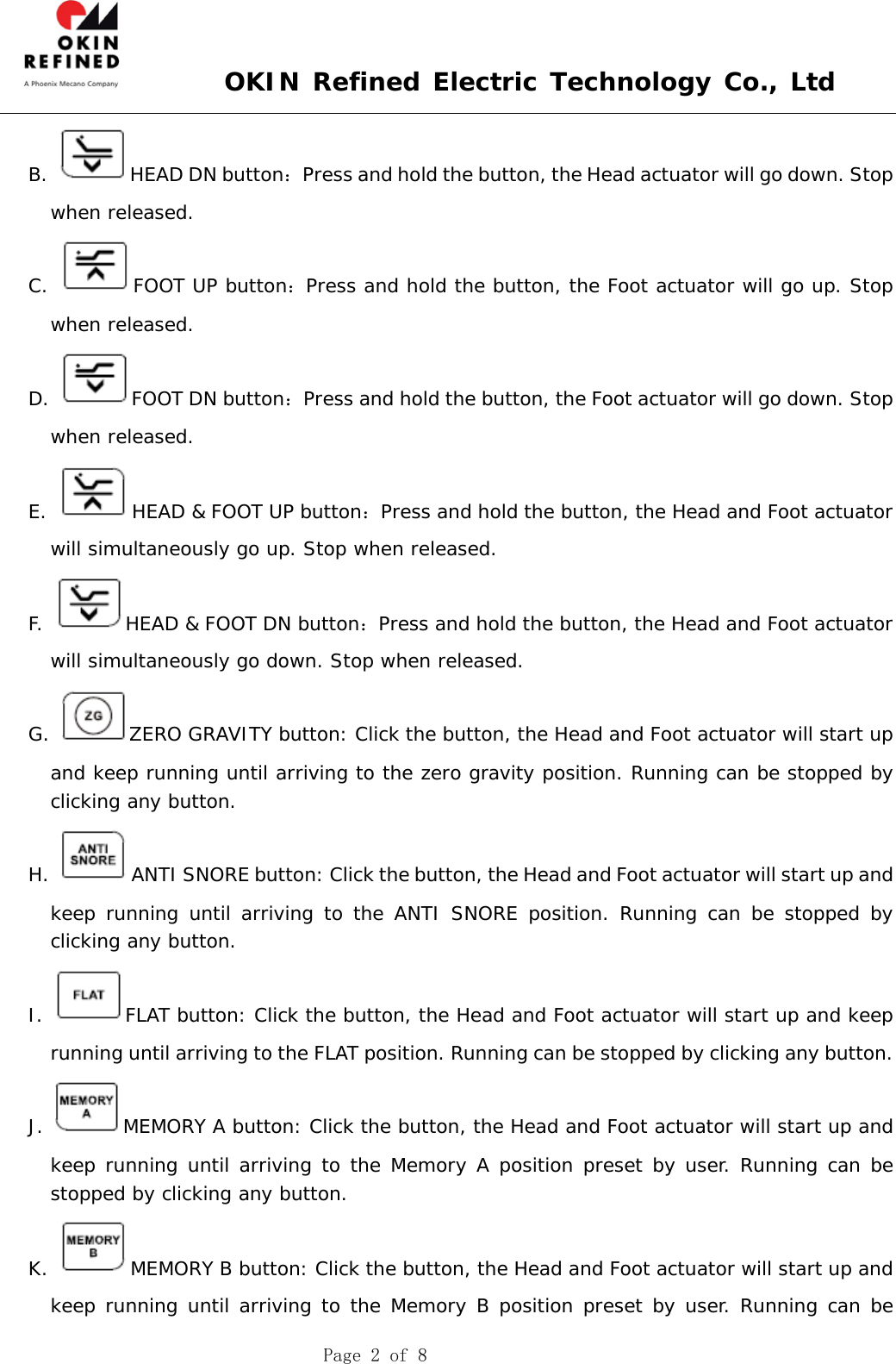  OKIN Refined Electric Technology Co., Ltd    Page 2 of 8 B.  HEAD DN button：Press and hold the button, the Head actuator will go down. Stop when released. C.  FOOT UP button：Press and hold the button, the Foot actuator will go up. Stop when released. D.  FOOT DN button：Press and hold the button, the Foot actuator will go down. Stop when released. E.  HEAD &amp; FOOT UP button：Press and hold the button, the Head and Foot actuator will simultaneously go up. Stop when released. F.  HEAD &amp; FOOT DN button：Press and hold the button, the Head and Foot actuator will simultaneously go down. Stop when released. G.  ZERO GRAVITY button: Click the button, the Head and Foot actuator will start up and keep running until arriving to the zero gravity position. Running can be stopped by clicking any button.  H.  ANTI SNORE button: Click the button, the Head and Foot actuator will start up and keep running until arriving to the ANTI SNORE position. Running can be stopped by clicking any button.  I.  FLAT button: Click the button, the Head and Foot actuator will start up and keep running until arriving to the FLAT position. Running can be stopped by clicking any button.   J.  MEMORY A button: Click the button, the Head and Foot actuator will start up and keep running until arriving to the Memory A position preset by user. Running can be stopped by clicking any button.  K.  MEMORY B button: Click the button, the Head and Foot actuator will start up and keep running until arriving to the Memory B position preset by user. Running can be 