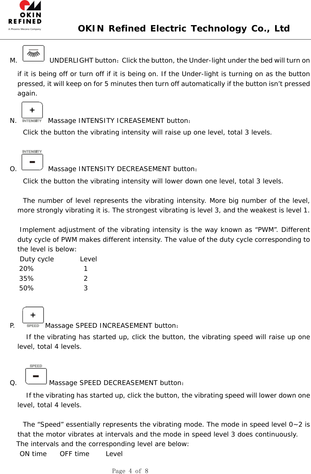  OKIN Refined Electric Technology Co., Ltd    Page 4 of 8 M.  UNDERLIGHT button：Click the button, the Under-light under the bed will turn on if it is being off or turn off if it is being on. If the Under-light is turning on as the button pressed, it will keep on for 5 minutes then turn off automatically if the button isn’t pressed again.  N.   Massage INTENSITY ICREASEMENT button：     Click the button the vibrating intensity will raise up one level, total 3 levels.      O.   Massage INTENSITY DECREASEMENT button：     Click the button the vibrating intensity will lower down one level, total 3 levels.          The number of level represents the vibrating intensity. More big number of the level, more strongly vibrating it is. The strongest vibrating is level 3, and the weakest is level 1.          Implement adjustment of the vibrating intensity is the way known as “PWM”. Different duty cycle of PWM makes different intensity. The value of the duty cycle corresponding to the level is below:    Duty cycle        Level 20%               1 35%               2 50%               3  P.   Massage SPEED INCREASEMENT button：      If the vibrating has started up, click the button, the vibrating speed will raise up one level, total 4 levels.        Q.   Massage SPEED DECREASEMENT button：       If the vibrating has started up, click the button, the vibrating speed will lower down one level, total 4 levels.            The “Speed” essentially represents the vibrating mode. The mode in speed level 0~2 is that the motor vibrates at intervals and the mode in speed level 3 does continuously.   The intervals and the corresponding level are below:    ON time    OFF time     Level 