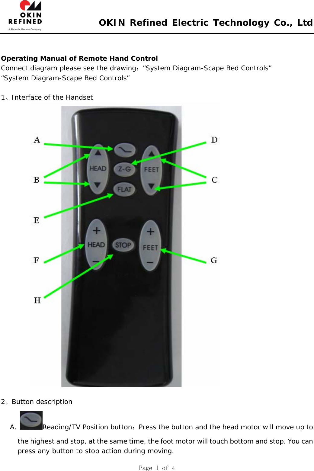  OKIN Refined Electric Technology Co., Ltd  Page 1 of 4    Operating Manual of Remote Hand Control Connect diagram please see the drawing：”System Diagram-Scape Bed Controls” “System Diagram-Scape Bed Controls”  1、Interface of the Handset           2、Button description A.  Reading/TV Position button：Press the button and the head motor will move up to the highest and stop, at the same time, the foot motor will touch bottom and stop. You can press any button to stop action during moving.  