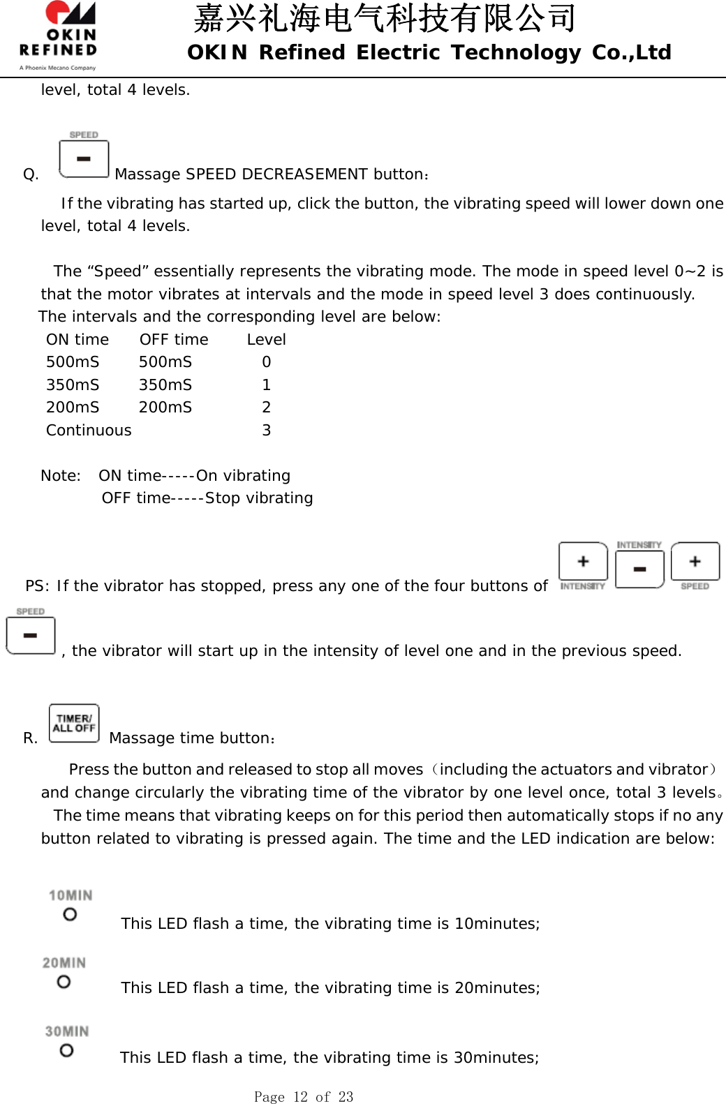 嘉兴礼海电气科技有限公司 OKIN Refined Electric Technology Co.,Ltd    Page 12 of 23 level, total 4 levels.   Q.   Massage SPEED DECREASEMENT button：           If the vibrating has started up, click the button, the vibrating speed will lower down one level, total 4 levels.            The “Speed” essentially represents the vibrating mode. The mode in speed level 0~2 is that the motor vibrates at intervals and the mode in speed level 3 does continuously.   The intervals and the corresponding level are below:    ON time    OFF time     Level    500mS     500mS         0    350mS     350mS         1    200mS     200mS         2    Continuous                 3       Note:  ON time-----On vibrating              OFF time-----Stop vibrating       PS: If the vibrator has stopped, press any one of the four buttons of , the vibrator will start up in the intensity of level one and in the previous speed.  R.   Massage time button：             Press the button and released to stop all moves （including the actuators and vibrator） and change circularly the vibrating time of the vibrator by one level once, total 3 levels。         The time means that vibrating keeps on for this period then automatically stops if no any button related to vibrating is pressed again. The time and the LED indication are below:      This LED flash a time, the vibrating time is 10minutes;     This LED flash a time, the vibrating time is 20minutes;    This LED flash a time, the vibrating time is 30minutes; 