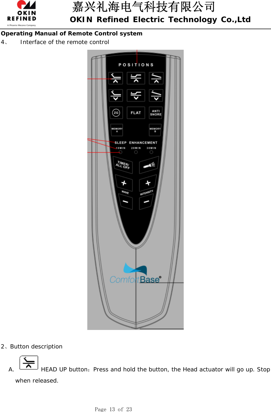 嘉兴礼海电气科技有限公司 OKIN Refined Electric Technology Co.,Ltd    Page 13 of 23 Operating Manual of Remote Control system  4、 Interface of the remote control   2、Button description  A.  HEAD UP button：Press and hold the button, the Head actuator will go up. Stop when released. 