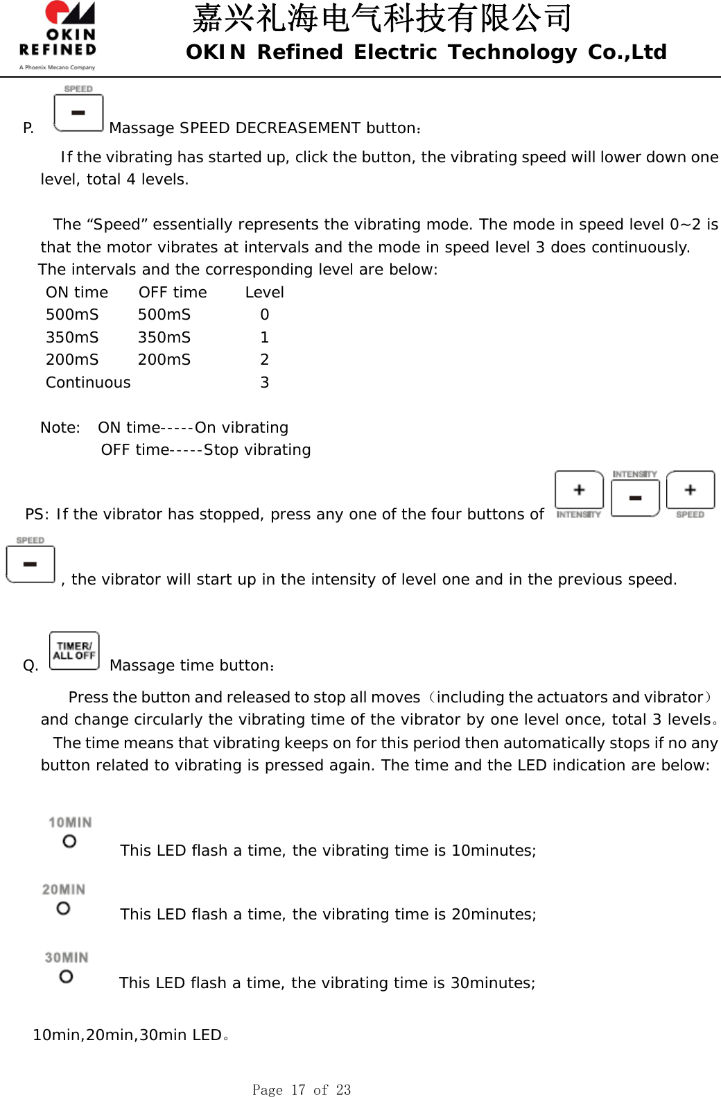 嘉兴礼海电气科技有限公司 OKIN Refined Electric Technology Co.,Ltd    Page 17 of 23 P.   Massage SPEED DECREASEMENT button：           If the vibrating has started up, click the button, the vibrating speed will lower down one level, total 4 levels.       The “Speed” essentially represents the vibrating mode. The mode in speed level 0~2 is that the motor vibrates at intervals and the mode in speed level 3 does continuously.   The intervals and the corresponding level are below:    ON time    OFF time     Level    500mS     500mS         0    350mS     350mS         1    200mS     200mS         2    Continuous                 3       Note:  ON time-----On vibrating              OFF time-----Stop vibrating    PS: If the vibrator has stopped, press any one of the four buttons of , the vibrator will start up in the intensity of level one and in the previous speed.  Q.   Massage time button：             Press the button and released to stop all moves （including the actuators and vibrator） and change circularly the vibrating time of the vibrator by one level once, total 3 levels。         The time means that vibrating keeps on for this period then automatically stops if no any button related to vibrating is pressed again. The time and the LED indication are below:             This LED flash a time, the vibrating time is 10minutes;     This LED flash a time, the vibrating time is 20minutes;    This LED flash a time, the vibrating time is 30minutes;  10min,20min,30min LED。  