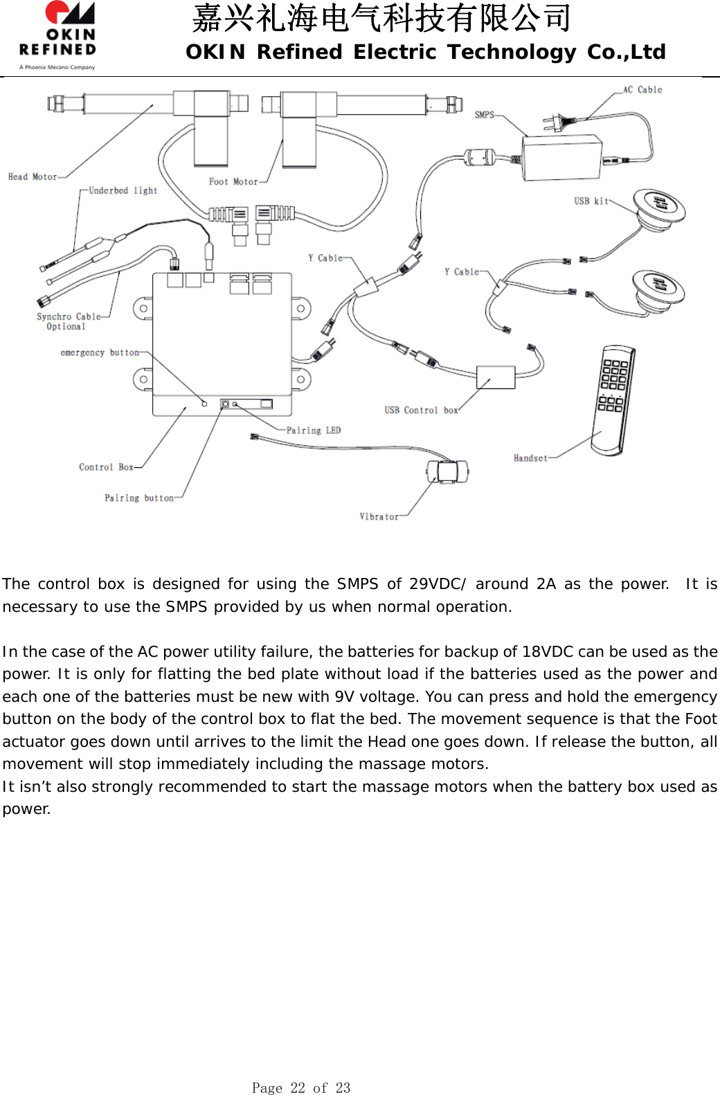 嘉兴礼海电气科技有限公司 OKIN Refined Electric Technology Co.,Ltd    Page 22 of 23    The control box is designed for using the SMPS of 29VDC/ around 2A as the power.  It is necessary to use the SMPS provided by us when normal operation.  In the case of the AC power utility failure, the batteries for backup of 18VDC can be used as the power. It is only for flatting the bed plate without load if the batteries used as the power and each one of the batteries must be new with 9V voltage. You can press and hold the emergency button on the body of the control box to flat the bed. The movement sequence is that the Foot actuator goes down until arrives to the limit the Head one goes down. If release the button, all movement will stop immediately including the massage motors. It isn’t also strongly recommended to start the massage motors when the battery box used as power.       