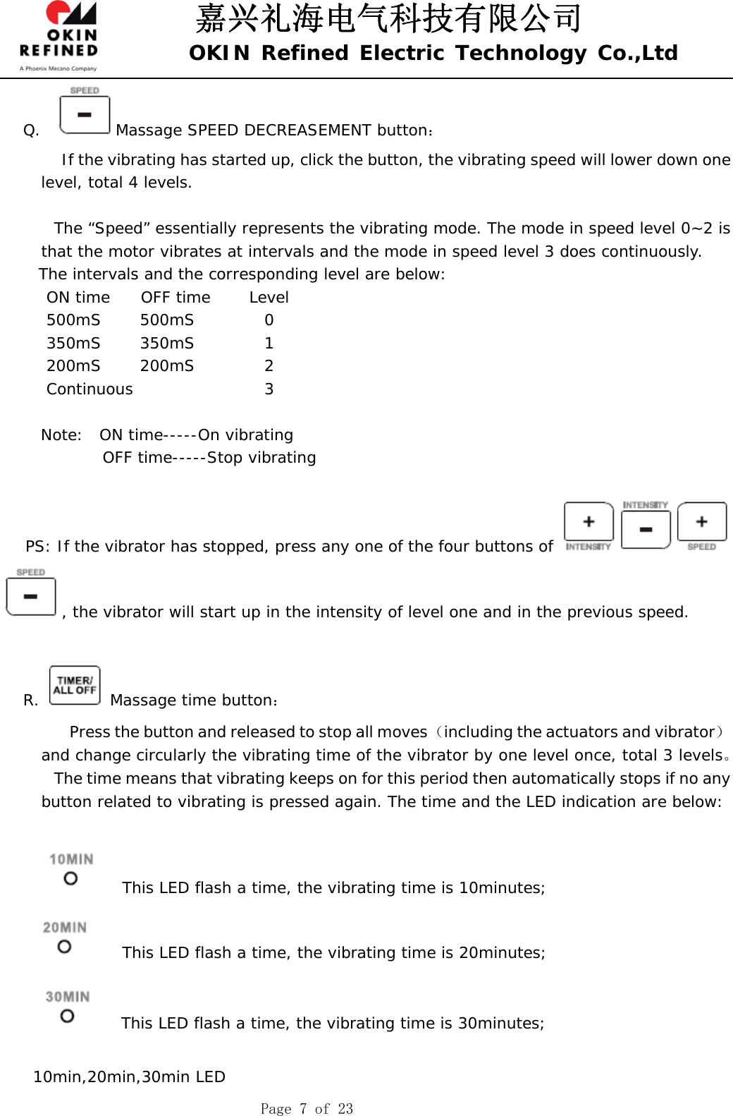 嘉兴礼海电气科技有限公司 OKIN Refined Electric Technology Co.,Ltd    Page 7 of 23 Q.   Massage SPEED DECREASEMENT button：          If the vibrating has started up, click the button, the vibrating speed will lower down one level, total 4 levels.       The “Speed” essentially represents the vibrating mode. The mode in speed level 0~2 is that the motor vibrates at intervals and the mode in speed level 3 does continuously.   The intervals and the corresponding level are below:    ON time    OFF time     Level    500mS     500mS         0    350mS     350mS         1    200mS     200mS         2    Continuous                 3       Note:  ON time-----On vibrating              OFF time-----Stop vibrating           PS: If the vibrator has stopped, press any one of the four buttons of , the vibrator will start up in the intensity of level one and in the previous speed.      R.   Massage time button：             Press the button and released to stop all moves （including the actuators and vibrator） and change circularly the vibrating time of the vibrator by one level once, total 3 levels。         The time means that vibrating keeps on for this period then automatically stops if no any button related to vibrating is pressed again. The time and the LED indication are below:            This LED flash a time, the vibrating time is 10minutes;     This LED flash a time, the vibrating time is 20minutes;    This LED flash a time, the vibrating time is 30minutes;  10min,20min,30min LED  