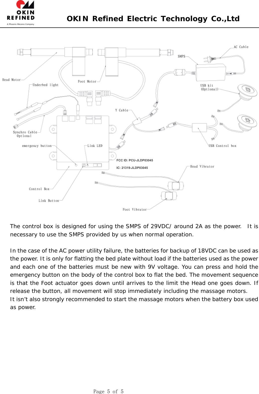 OKIN Refined Electric Technology Co.,Ltd Page 5 of 5 The control box is designed for using the SMPS of 29VDC/ around 2A as the power.  It is necessary to use the SMPS provided by us when normal operation. In the case of the AC power utility failure, the batteries for backup of 18VDC can be used as the power. It is only for flatting the bed plate without load if the batteries used as the power and each one of the batteries must be new with 9V voltage. You can press and hold the emergency button on the body of the control box to flat the bed. The movement sequence is that the Foot actuator goes down until arrives to the limit the Head one goes down. If release the button, all movement will stop immediately including the massage motors. It isn’t also strongly recommended to start the massage motors when the battery box used as power. FCC ID: PCU-JLDP03045 IC: 21319-JLDP03045