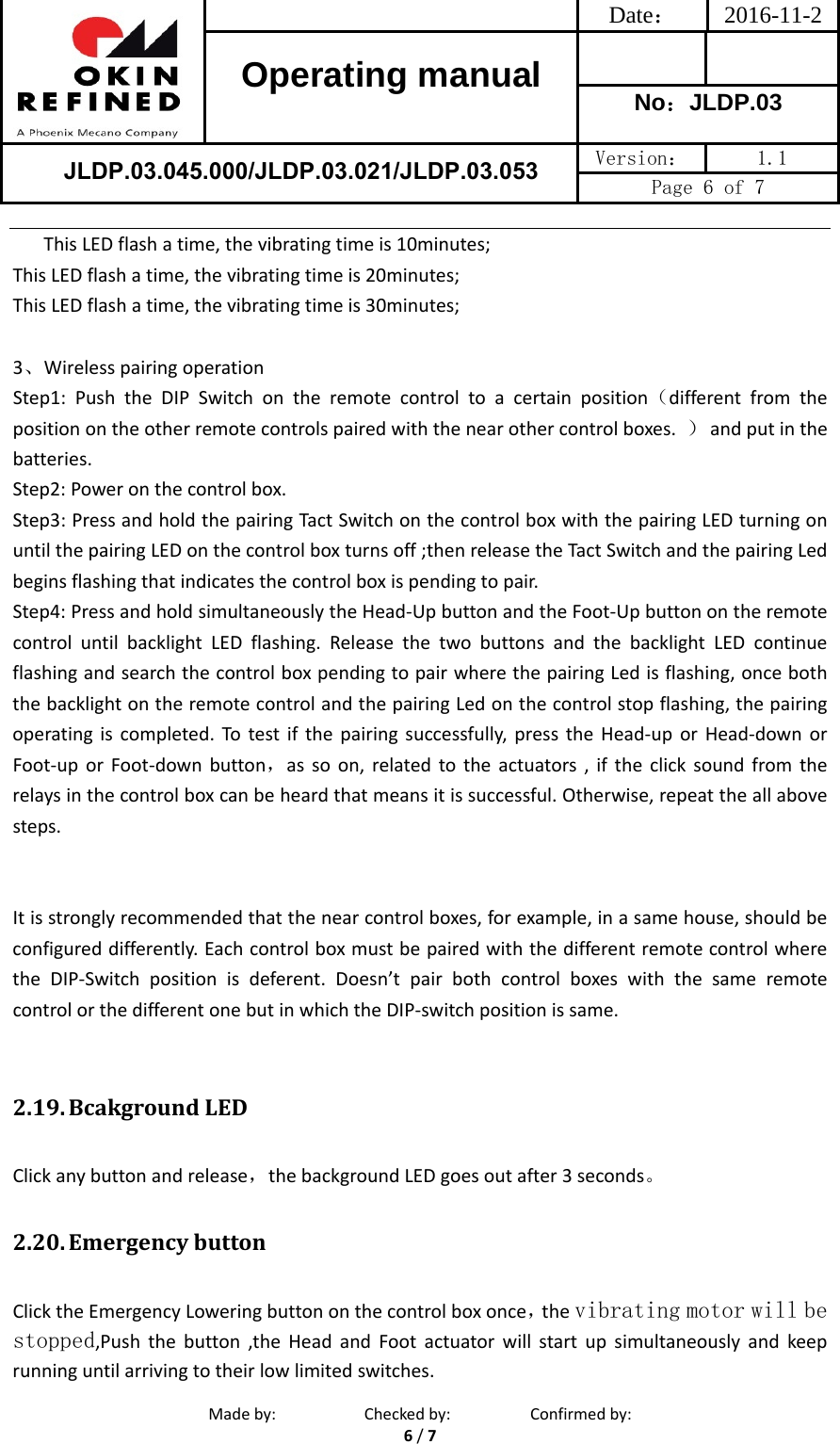 Date： 2016-11-2Operating manual  No：JLDP.03  JLDP.03.045.000/JLDP.03.021/JLDP.03.053 Version：  1.1 Page 6 of 7 Madeby: Checkedby: Confirmedby:6/7ThisLEDflashatime,thevibratingtimeis10minutes;ThisLEDflashatime,thevibratingtimeis20minutes;ThisLEDflashatime,thevibratingtimeis30minutes;3、WirelesspairingoperationStep1:PushtheDIPSwitchontheremotecontroltoacertainposition（differentfromthepositionontheotherremotecontrolspairedwiththenearothercontrolboxes.）andputinthebatteries.Step2:Poweronthecontrolbox.Step3:PressandholdthepairingTactSwitchonthecontrolboxwiththepairingLEDturningonuntilthepairingLEDonthecontrolboxturnsoff;thenreleasetheTactSwitchandthepairingLedbeginsflashingthatindicatesthecontrolboxispendingtopair.Step4:PressandholdsimultaneouslytheHead‐UpbuttonandtheFoot‐UpbuttonontheremotecontroluntilbacklightLEDflashing.ReleasethetwobuttonsandthebacklightLEDcontinueflashingandsearchthecontrolboxpendingtopairwherethepairingLedisflashing,onceboththebacklightontheremotecontrolandthepairingLedonthecontrolstopflashing,thepairingoperatingiscompleted.Totestifthepairingsuccessfully,presstheHead‐uporHead‐downorFoot‐uporFoot‐downbutton，assoon,relatedtotheactuators,iftheclicksoundfromtherelaysinthecontrolboxcanbeheardthatmeansitissuccessful.Otherwise,repeattheallabovesteps.Itisstronglyrecommendedthatthenearcontrolboxes,forexample,inasamehouse,shouldbeconfigureddifferently.EachcontrolboxmustbepairedwiththedifferentremotecontrolwheretheDIP‐Switchpositionisdeferent.Doesn’tpairbothcontrolboxeswiththesameremotecontrolorthedifferentonebutinwhichtheDIP‐switchpositionissame.2.19. BcakgroundLEDClickanybuttonandrelease，thebackgroundLEDgoesoutafter3seconds。2.20. EmergencybuttonClicktheEmergencyLoweringbuttononthecontrolboxonce，thevibrating motor will be stopped,Pushthebutton,theHeadandFootactuatorwillstartupsimultaneouslyandkeeprunninguntilarrivingtotheirlowlimitedswitches.