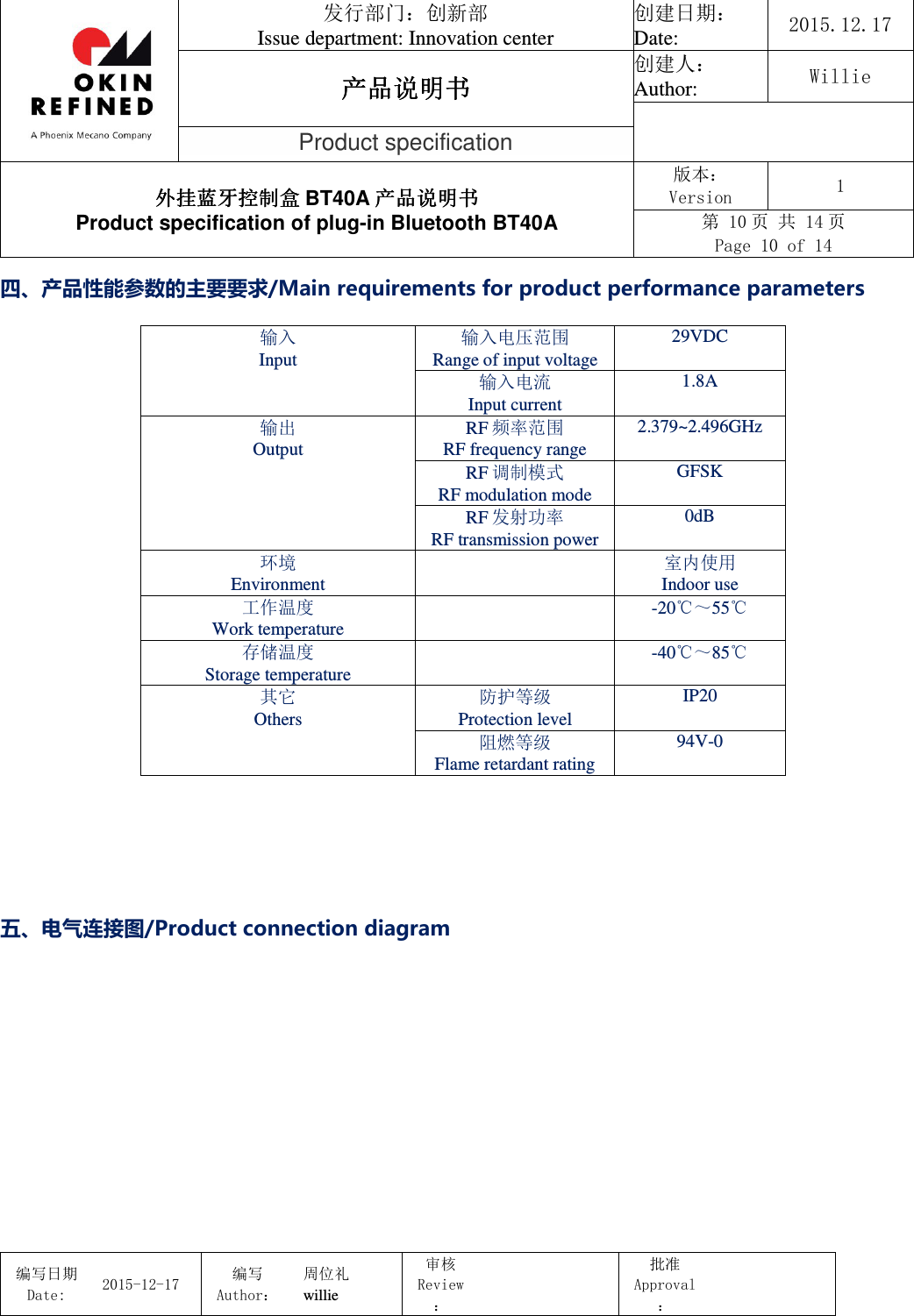                                 发行部门：创新部 Issue department: Innovation center 创建日期： Date:  2015.12.17 产品说明书产品说明书产品说明书产品说明书 创建人： Author:  Willie  Product specification 外挂蓝牙控制盒外挂蓝牙控制盒外挂蓝牙控制盒外挂蓝牙控制盒 BT40A 产品说明书产品说明书产品说明书产品说明书 Product specification of plug-in Bluetooth BT40A 版本： Version  1 第 10 页 共 14 页 Page 10 of 14  编写日期Date:           2015-12-17 编写Author： 周位礼 willie 审核Review：  批准Approval：   四、产品性能参数的主要要求/Main requirements for product performance parameters                          五、电气连接图/Product connection diagram  输入 Input 输入电压范围 Range of input voltage 29VDC 输入电流 Input current 1.8A 输出 Output RF 频率范围 RF frequency range 2.379~2.496GHz RF 调制模式 RF modulation mode GFSK RF 发射功率 RF transmission power 0dB 环境 Environment  室内使用 Indoor use 工作温度 Work temperature  -20℃～55℃ 存储温度 Storage temperature  -40℃～85℃ 其它 Others 防护等级 Protection level IP20 阻燃等级 Flame retardant rating 94V-0 