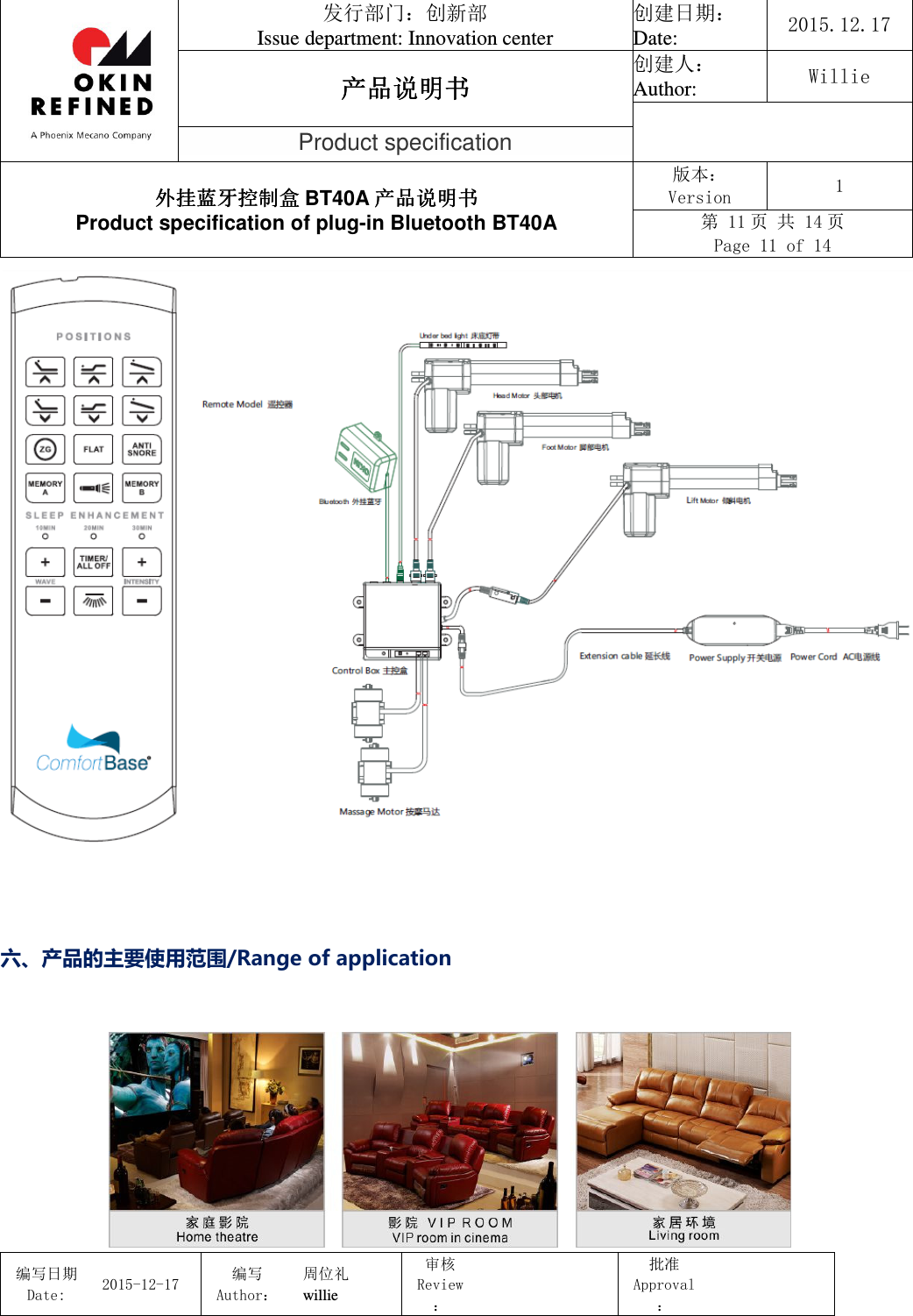                                 发行部门：创新部 Issue department: Innovation center 创建日期： Date:  2015.12.17 产品说明书产品说明书产品说明书产品说明书 创建人： Author:  Willie  Product specification 外挂蓝牙控制盒外挂蓝牙控制盒外挂蓝牙控制盒外挂蓝牙控制盒 BT40A 产品说明书产品说明书产品说明书产品说明书 Product specification of plug-in Bluetooth BT40A 版本： Version  1 第 11 页 共 14 页 Page 11 of 14  编写日期Date:           2015-12-17 编写Author： 周位礼 willie 审核Review：  批准Approval：         六、产品的主要使用范围/Range of application            