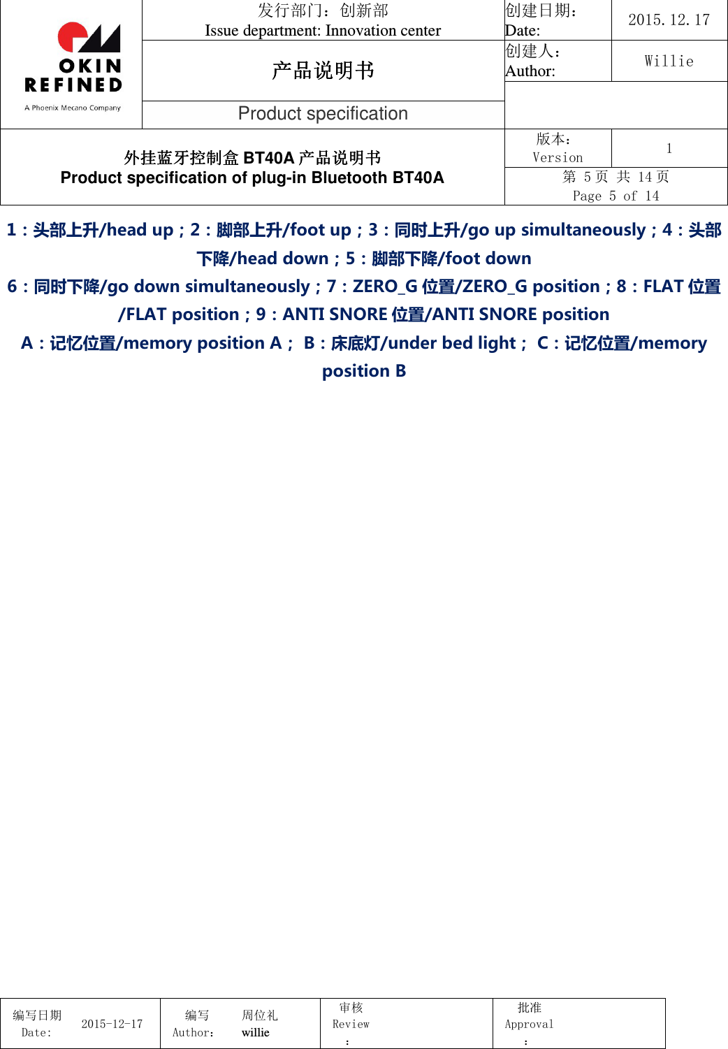                                 发行部门：创新部 Issue department: Innovation center 创建日期： Date:  2015.12.17 产品说明书产品说明书产品说明书产品说明书 创建人： Author:  Willie  Product specification 外挂蓝牙控制盒外挂蓝牙控制盒外挂蓝牙控制盒外挂蓝牙控制盒 BT40A 产品说明书产品说明书产品说明书产品说明书 Product specification of plug-in Bluetooth BT40A 版本： Version  1 第 5 页 共 14 页 Page 5 of 14  编写日期Date:           2015-12-17 编写Author： 周位礼 willie 审核Review：  批准Approval：   1：头部上升/head up；2：脚部上升/foot up；3：同时上升/go up simultaneously；4：头部下降/head down；5：脚部下降/foot down 6：同时下降/go down simultaneously；7：ZERO_G 位置/ZERO_G position；8：FLAT 位置/FLAT position；9：ANTI SNORE 位置/ANTI SNORE position A：记忆位置/memory position A； B：床底灯/under bed light； C：记忆位置/memory position B   