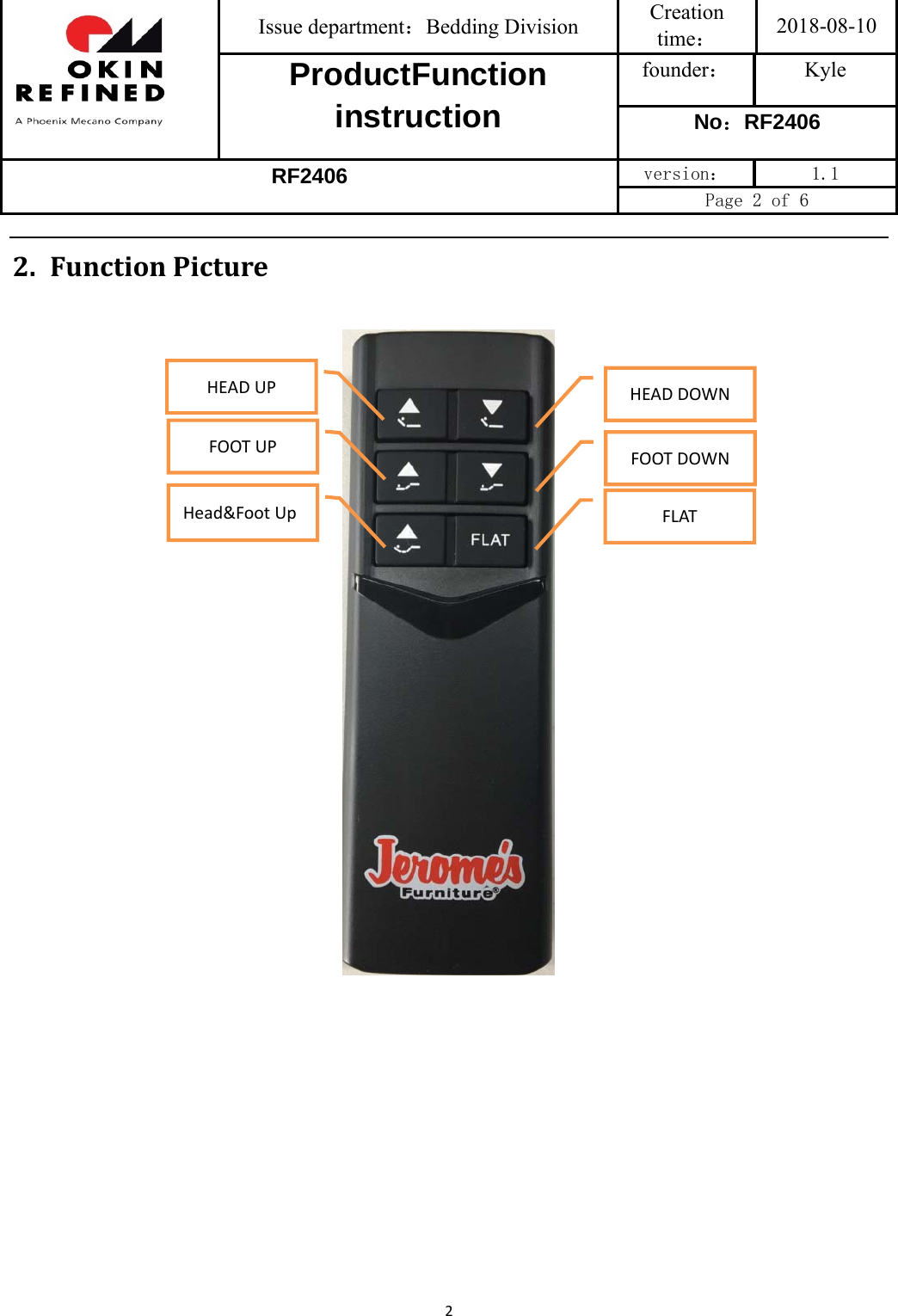 Issue department：Bedding Division  Creation time： 2018-08-10 ProductFunction instruction founder： Kyle No：RF2406 RF2406 version：  1.1 Page 2 of 6 22. FunctionPictureFOOTDOWNFLATHEADUPHead&amp;FootUpFOOTUPHEADDOWN