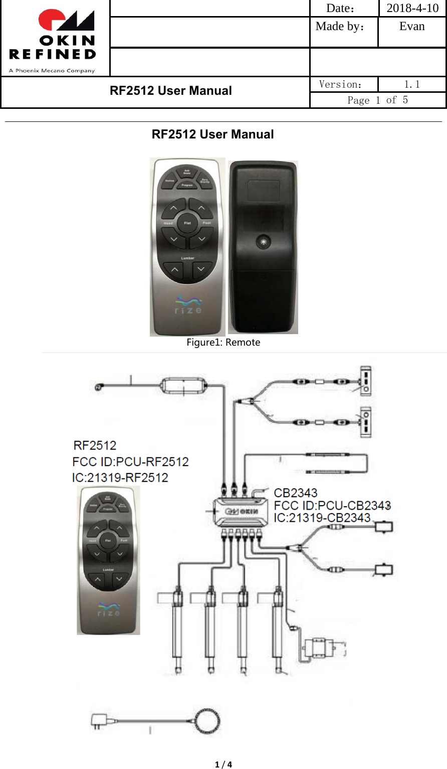 Date： 2018-4-10Made by： Evan RF2512 User Manual Version：  1.1 Page 1 of 5 1/4RF2512 User Manual Figure1: Remote 