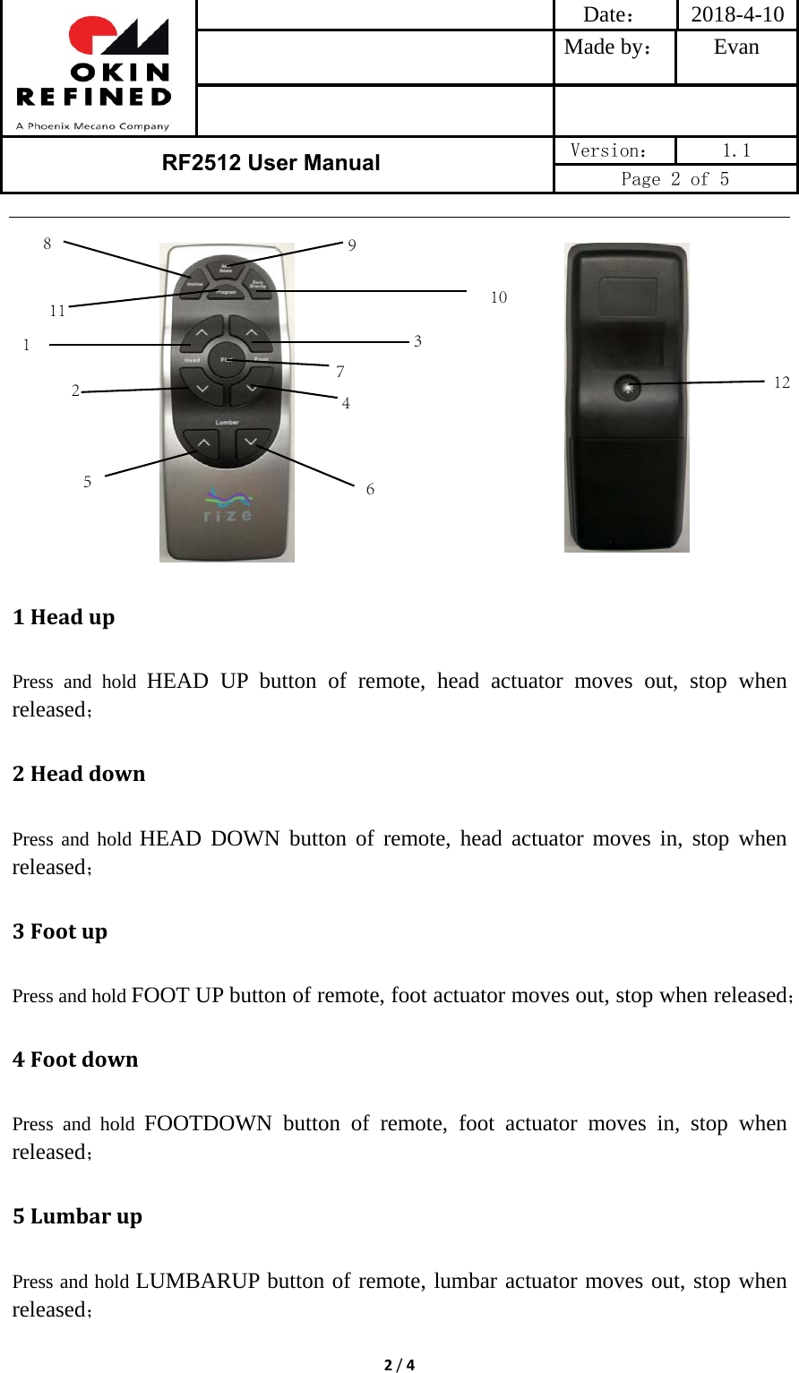 Date： 2018-4-10Made by： Evan RF2512 User Manual  Version：  1.1 Page 2 of 5 2/41 HeadupPress and hold HEAD UP button of remote, head actuator moves out, stop when released； 2 HeaddownPress and hold HEAD DOWN button of remote, head actuator moves in, stop when released； 3 FootupPress and hold FOOT UP button of remote, foot actuator moves out, stop when released； 4 FootdownPress and hold FOOTDOWN button of remote, foot actuator moves in, stop when released； 5 LumbarupPress and hold LUMBARUP button of remote, lumbar actuator moves out, stop when released； 7      1              234  5    6   9  11 10812