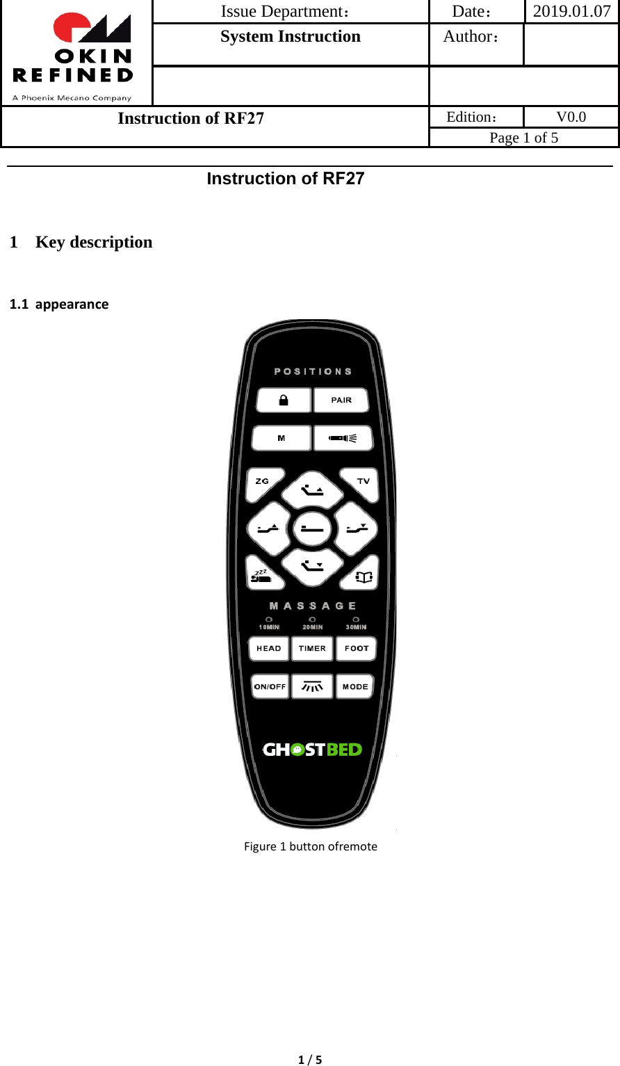 Issue Department：Date： 2019.01.07System Instruction  Author： Instruction of RF27 Edition： V0.0 Page 1 of 5 1/5Instruction of RF271 Key description 1.1 appearanceFigure1buttonofremote