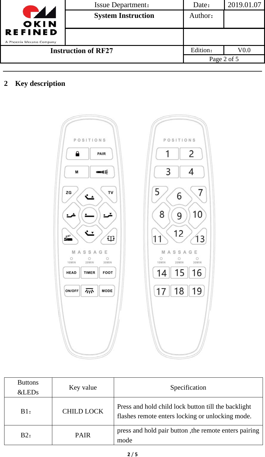 Issue Department：Date： 2019.01.07System Instruction  Author： Instruction of RF27 Edition： V0.0 Page 2 of 5 2/52 Key description Buttons &amp;LEDs  Key value  Specification B1：CHILD LOCK Press and hold child lock button till the backlight flashes remote enters locking or unlocking mode. B2：PAIR press and hold pair button ,the remote enters pairing mode 