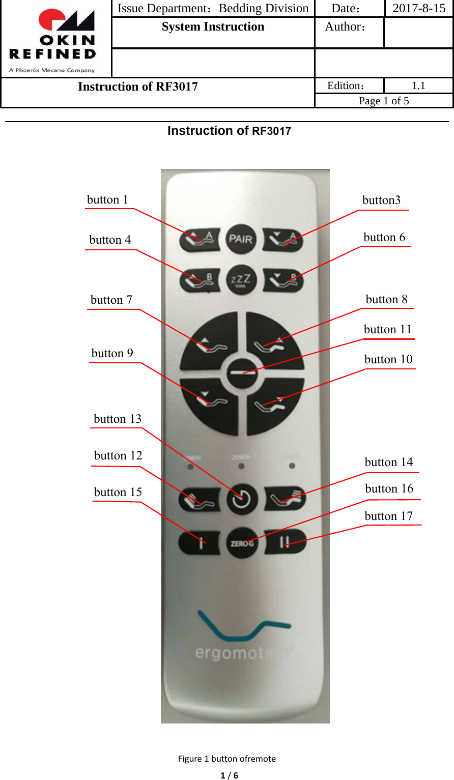 Issue Department：Bedding Division Date： 2017-8-15System Instruction  Author： Instruction of RF3017 Edition： 1.1 Page 1 of 5 1/6Instruction of RF3017 Figure1buttonofremotebutton 1 button3button 4button 6button 7button 8button 9button 11button 10button 13button 12 button 14button 15button 16button 17