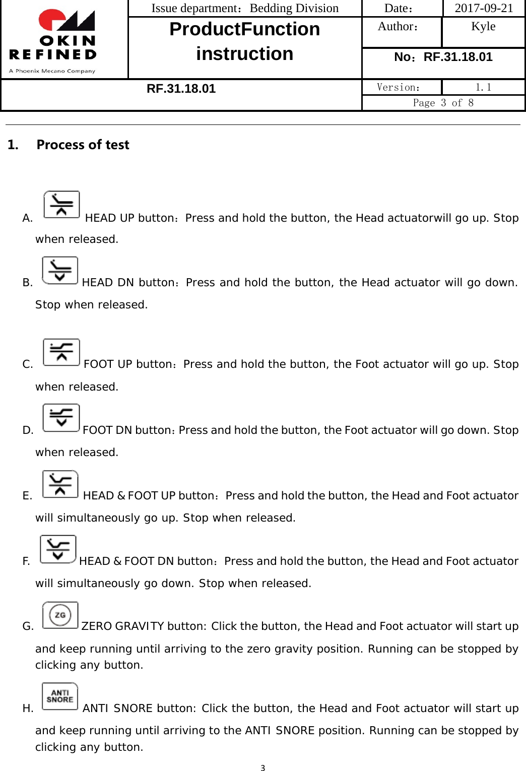  Issue department：Bedding Division  Date： 2017-09-21 ProductFunction instruction Author： Kyle No：RF.31.18.01 RF.31.18.01 Version：  1.1 Page 3 of 8 31. Process of test A.  HEAD UP button：Press and hold the button, the Head actuatorwill go up. Stop when released. B.  HEAD DN button：Press and hold the button, the Head actuator will go down. Stop when released.  C.  FOOT UP button：Press and hold the button, the Foot actuator will go up. Stop when released. D.  FOOT DN button：Press and hold the button, the Foot actuator will go down. Stop when released. E.  HEAD &amp; FOOT UP button：Press and hold the button, the Head and Foot actuator will simultaneously go up. Stop when released. F.  HEAD &amp; FOOT DN button：Press and hold the button, the Head and Foot actuator will simultaneously go down. Stop when released. G.  ZERO GRAVITY button: Click the button, the Head and Foot actuator will start up and keep running until arriving to the zero gravity position. Running can be stopped by clicking any button. H.  ANTI SNORE button: Click the button, the Head and Foot actuator will start up and keep running until arriving to the ANTI SNORE position. Running can be stopped by clicking any button. 