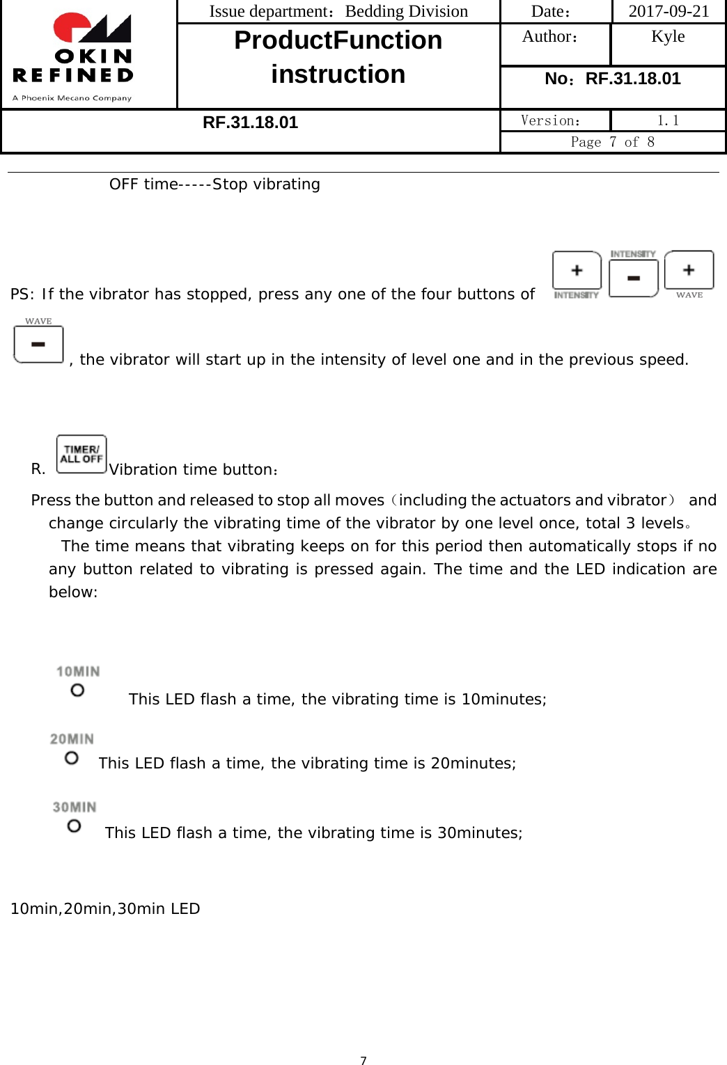 Issue department：Bedding Division  Date： 2017-09-21 ProductFunction instruction Author： Kyle No：RF.31.18.01 RF.31.18.01 Version：  1.1 Page 7 of 8 7  OFF time-----Stop vibrating  PS: If the vibrator has stopped, press any one of the four buttons of , the vibrator will start up in the intensity of level one and in the previous speed. R.   Vibration time button： Press the button and released to stop all moves（including the actuators and vibrator） and change circularly the vibrating time of the vibrator by one level once, total 3 levels。   The time means that vibrating keeps on for this period then automatically stops if no any button related to vibrating is pressed again. The time and the LED indication are below:  This LED flash a time, the vibrating time is 10minutes; This LED flash a time, the vibrating time is 20minutes; This LED flash a time, the vibrating time is 30minutes; 10min,20min,30min LED